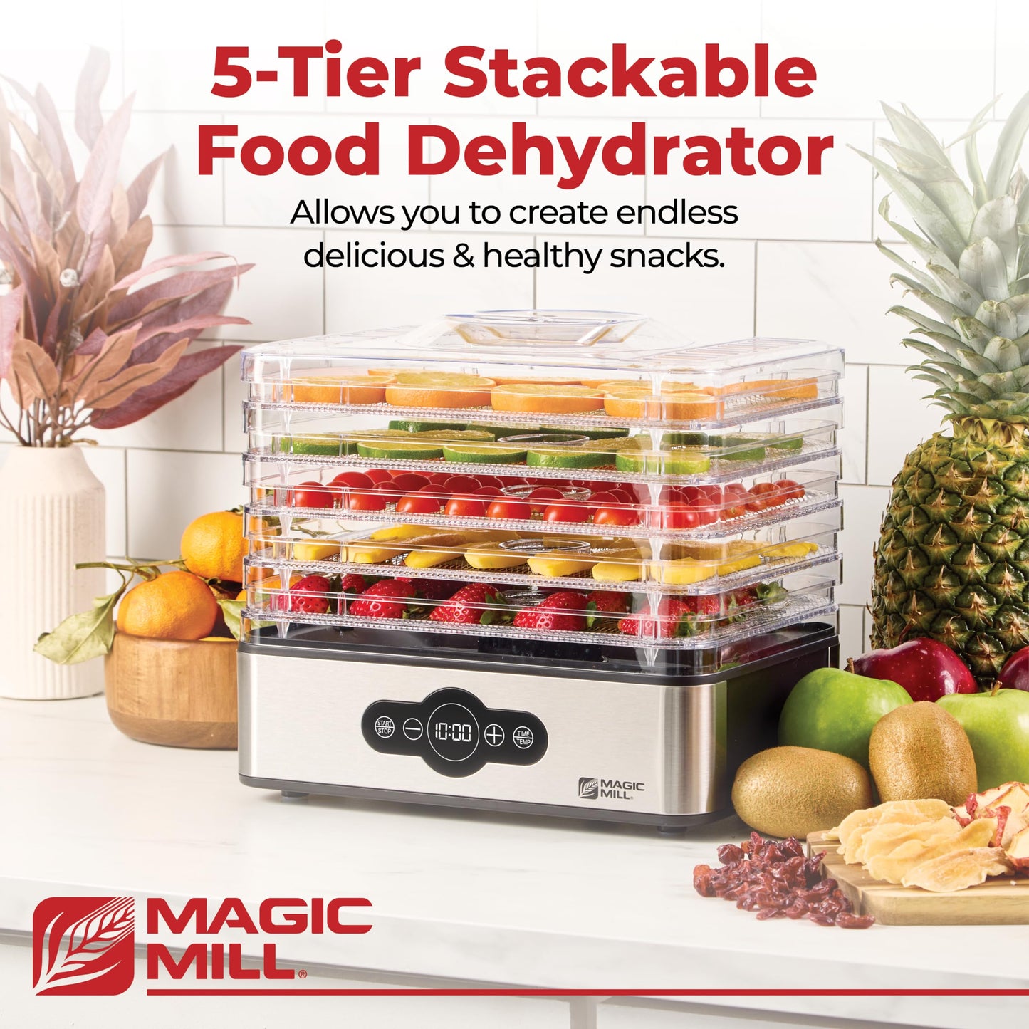 Magic Mill Food Dehydrator Machine | 5 Stackable Stainless Steel Trays, 48H Digital Adjustable Timer & Temperature Control Upto 167° Electric Dryer & Preserver for Jerky, Fruit, Dog Treats & Much More