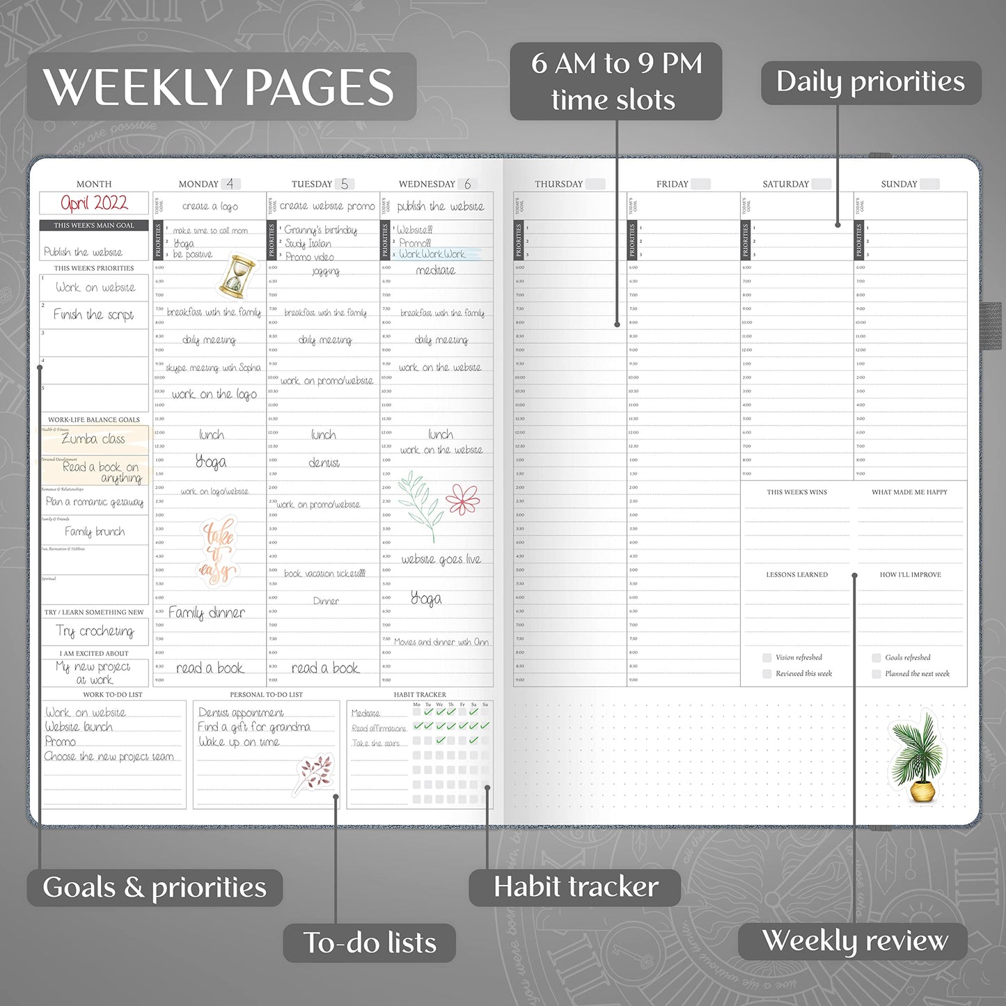 Legend Hourly Planner PRO Premium – Undated Schedule Planner with Time Slots – Weekly, Monthly & Daily Personal Organizer, A4 (Mystic Grey)