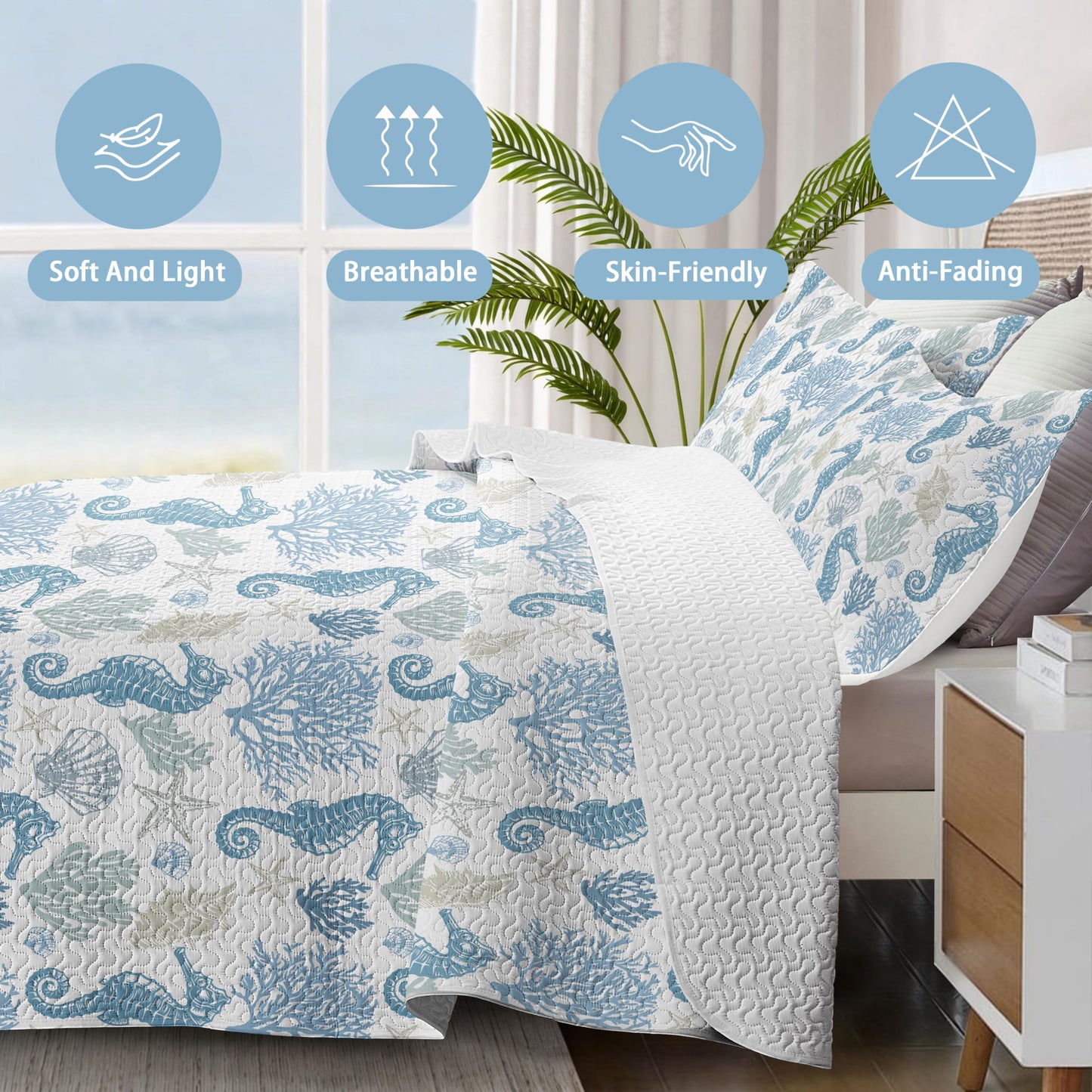 weesire Coastal Bedding Queen Size Coastal Quilt with 2 Shams, Nautical Beach Comforter Sets Ocean Bedspreads Blue Seahorse Coverlet Summer Bedding, 90''x96''