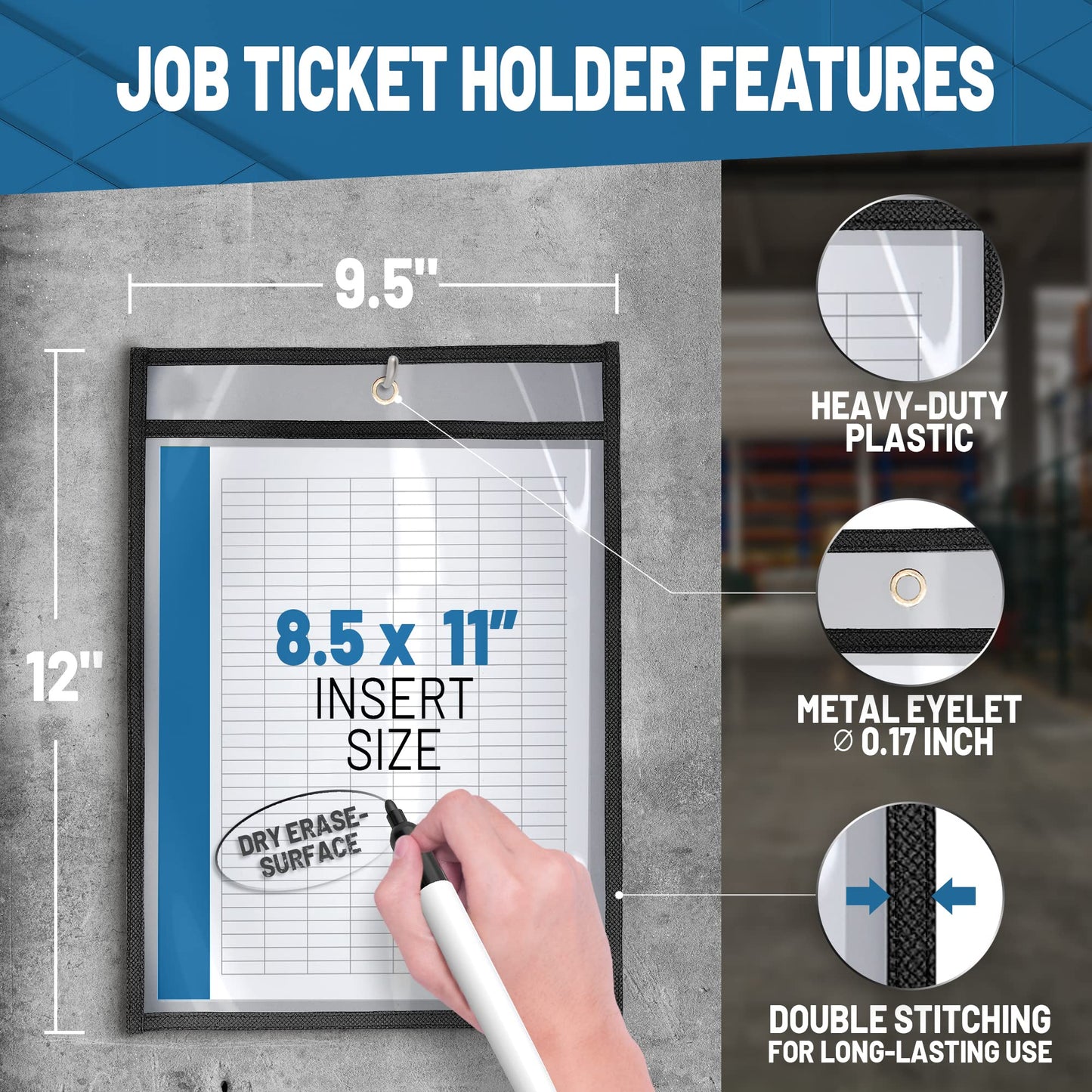 30 Pack Job Ticket Holders 8.5x11 - Work Order Plastic Sleeves for Documents - 8 1/2 x 11 Shop Ticket Holders - Heavy Duty Sheet Protectors - Dry Erase Pocket Sleeves - Dry Erase Clear Pocket Sleeve