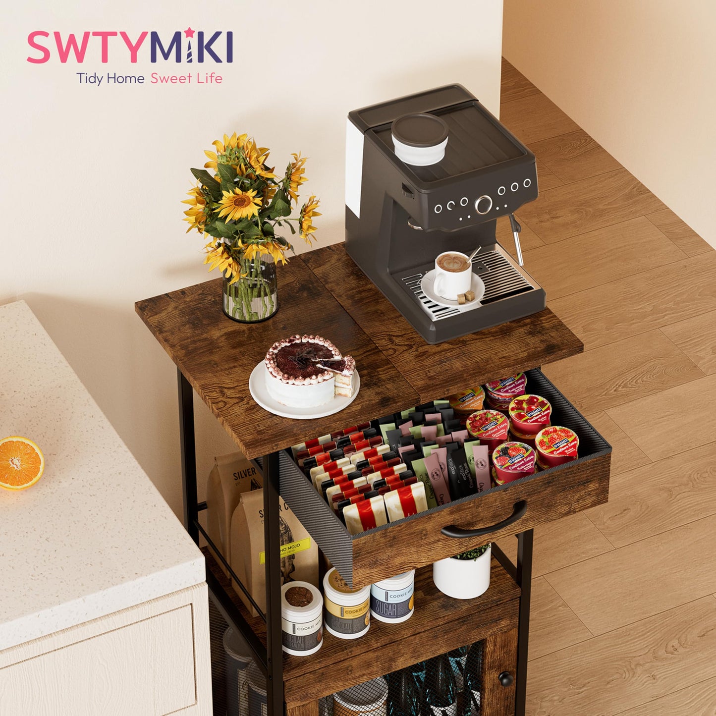SWTYMIKI Buffets Coffee Bar Cabinet - Rolling Kitchen Rack, Farmhouse Small Coffee Stand with Storage Drawer and Door Cabinet - Kitchen Microwave Stand for Apartment, Living Room, Entryway, Espresso