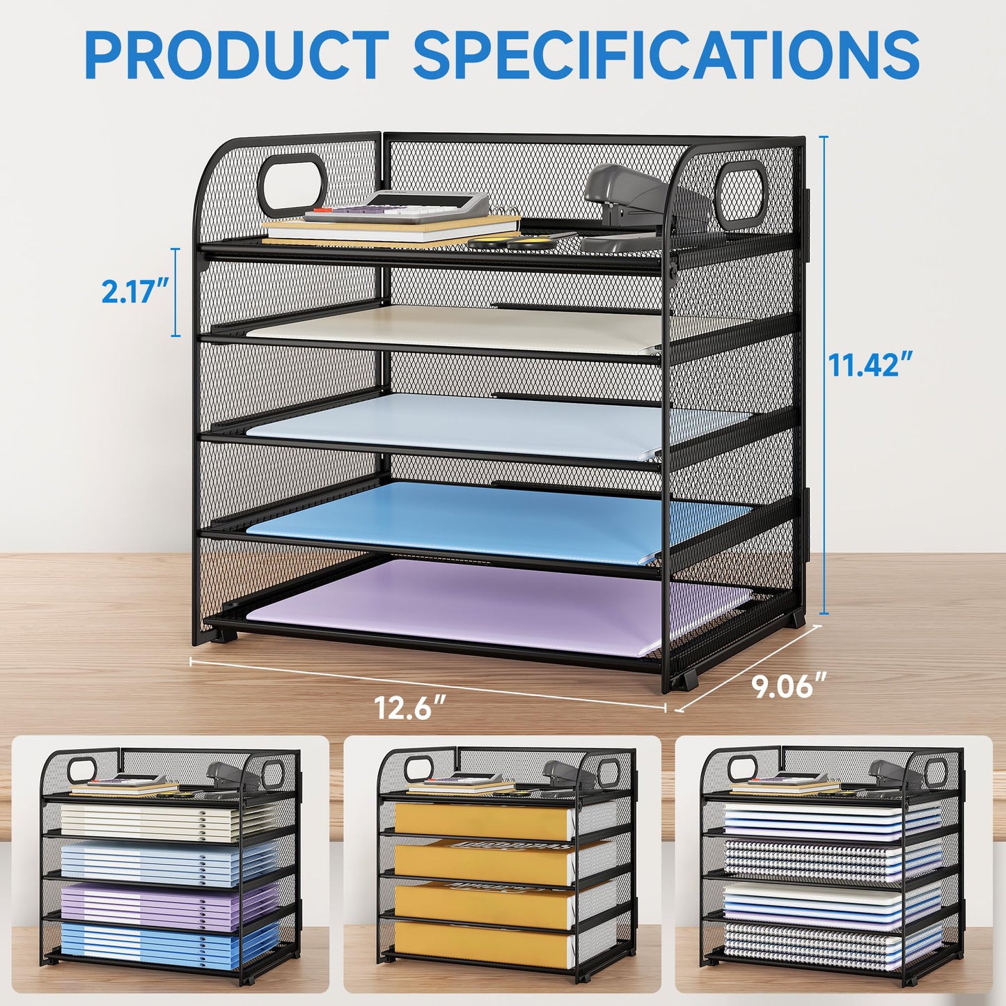 Kinkota Paper Organizer Letter Tray with Handle Mesh 5 Trays Desk File Organizer Paper Sorter Desk Organizer for Office, Home or School-Black 2 Pack