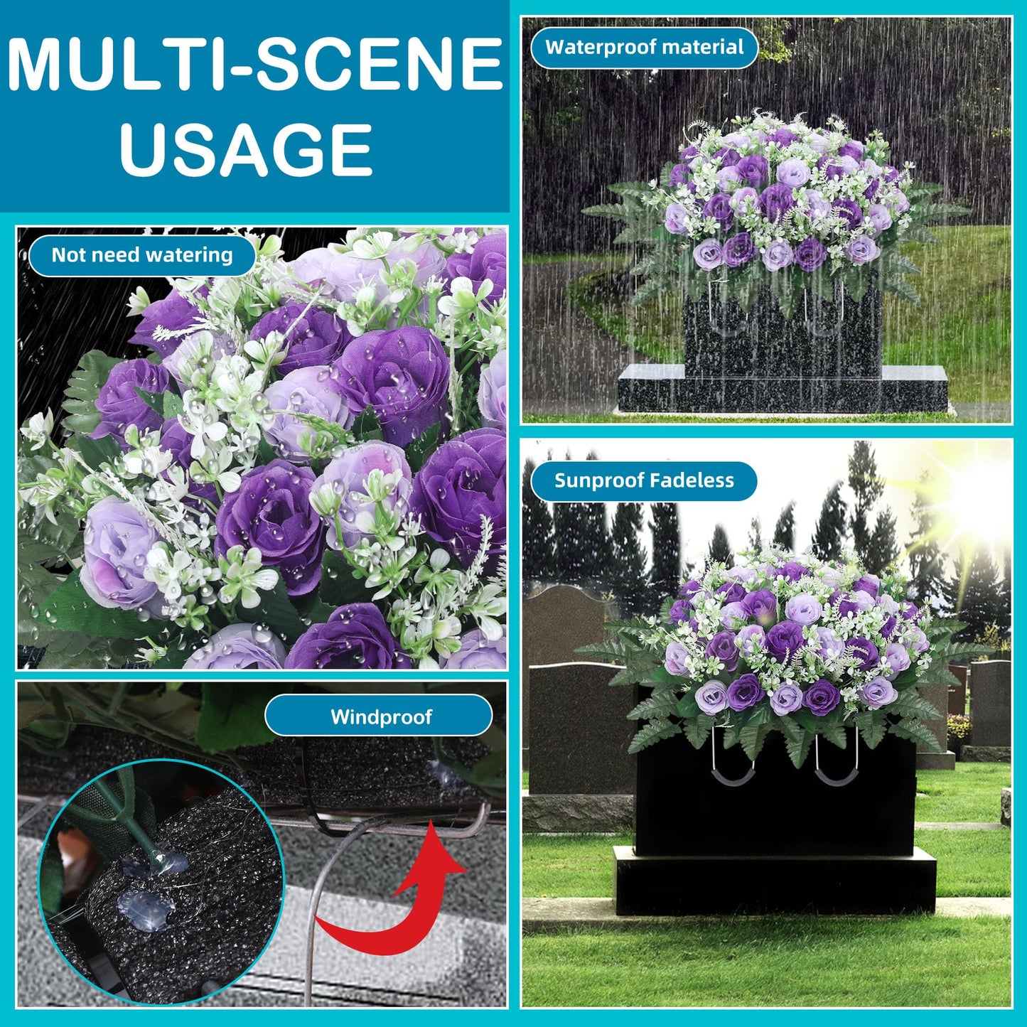 LOSFOTBO Headstone Flower Saddle,Large Artificial Cemetery Flowers for Grave,Cemetery Memorial Flowers for Outdoor Tombstone Decorations (Purple)