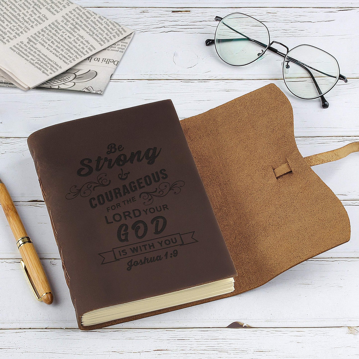 kullder Personalized Leather Journal for Christian Joshua 1:9 Engraved Bible Inscription Notebook 5×7IN Sketchbook Travel Diary Personalized Rustic Christian Gifts for Men&Women Monogrammed Journals