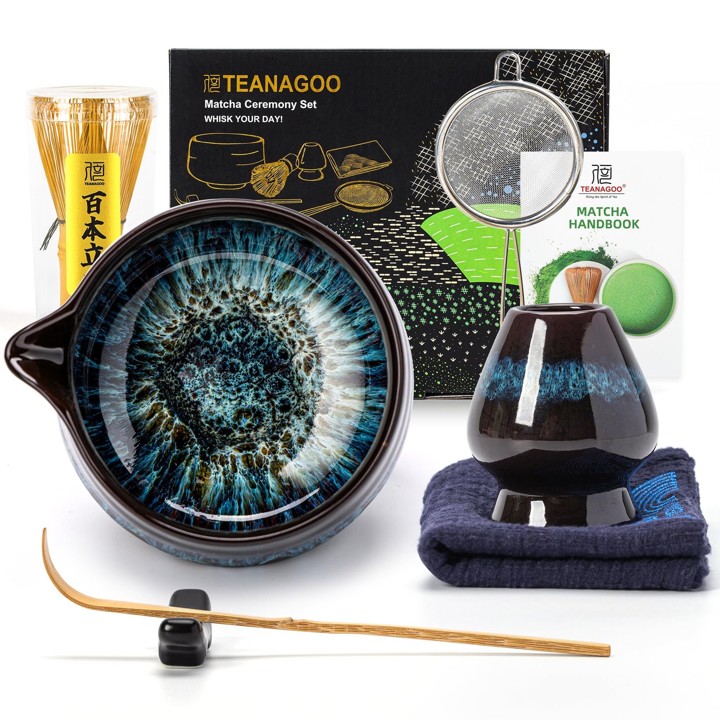 TEANAGOO Matcha Whisk Set, 7 Pcs Matcha Set Blue, Matcha Kit for Ceremony, Matcha Tea Set for Making Breakfast/Latte, Ceramic Matcha Bowl(chawan) whith Spout and Whisk, Gift for Friend/Family