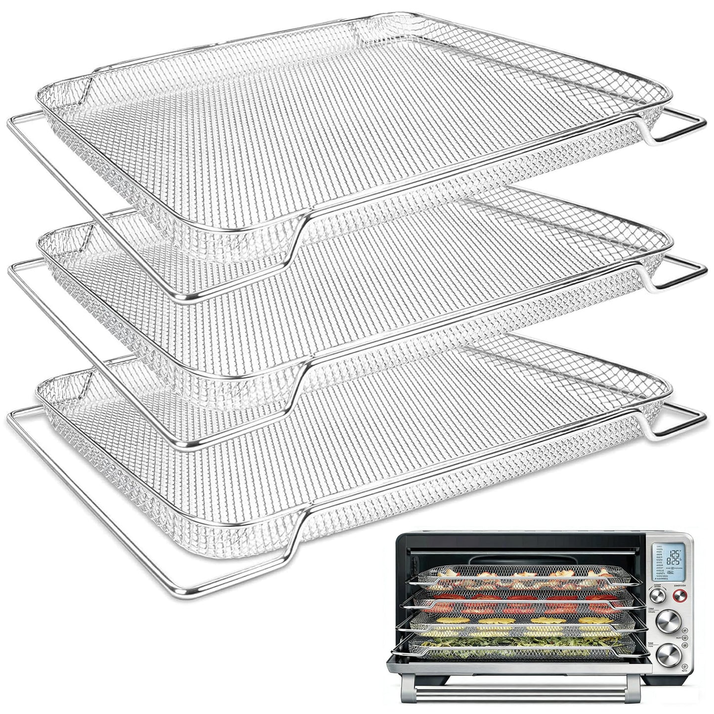 Air Fryer Basket for Breville Smart Oven Air Fryer Pro, 3PCS Steel Mesh Dehydrate Baking Microwave Oven Baskets Accessories Tray for Basket BOV900 and BOV950 Toaster (16.5"D x 11.8"W x 1.8"H)