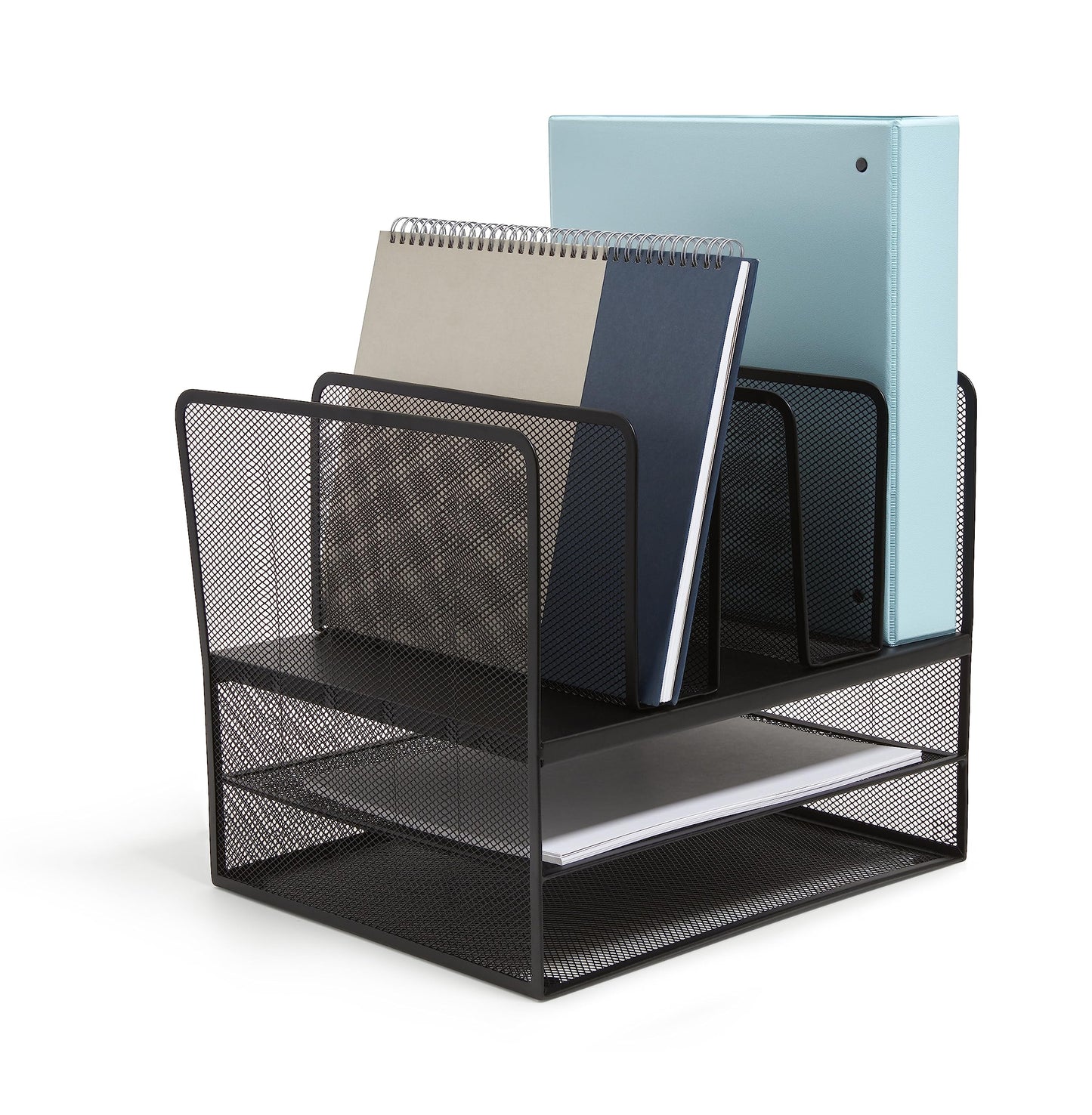 TRU RED Wire Mesh File Organizer, 7‑Compartment, Matte Black – Vertical Desktop Sorter for Files, Folders & Mail
