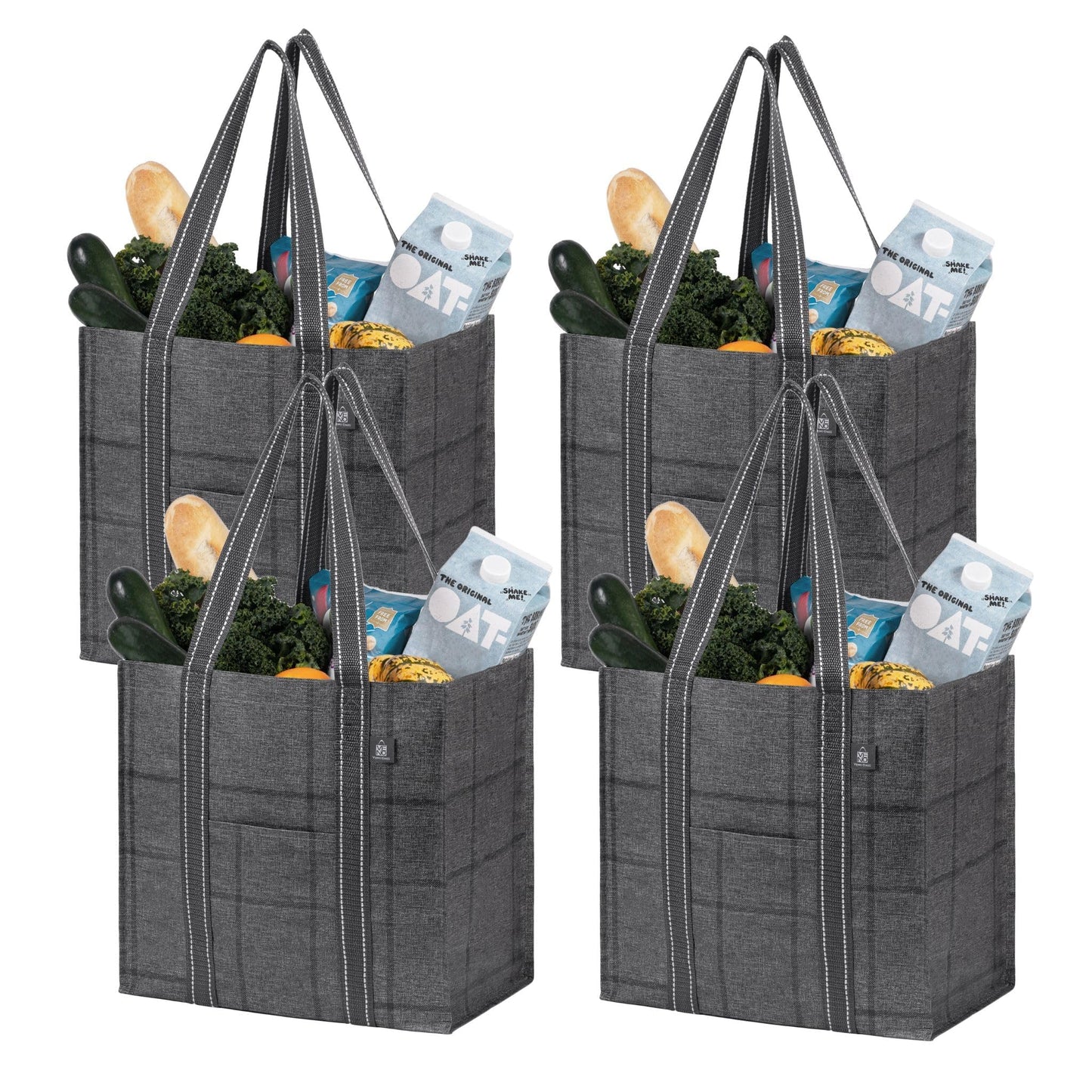 VENO 4 Pack Reusable Grocery Bags with Hard Bottom, Heavy-Duty Shopping Bags for Shopping Cart (Windowpane, 4 Pack)