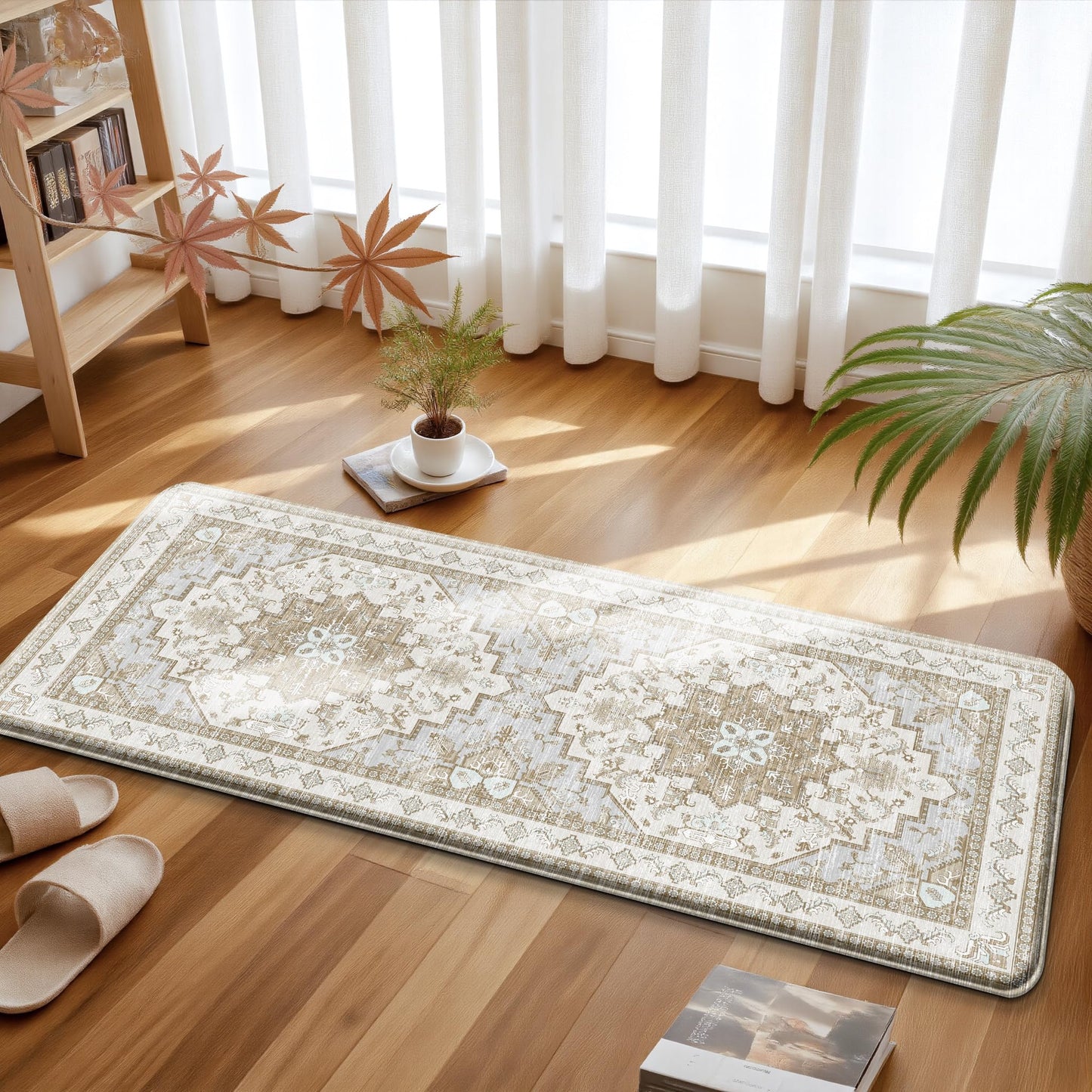 Boho Kitchen Mats for Floor 2 Piece Set Anti Fatigue Cushioned PVC Kitchen Rugs Non Slip Waterproof Farmhouse Mats 2/5 Inch Comfort Standing Mat for Sink, Laundry, 17.3"x47"+17.3"x28", Beige Tan
