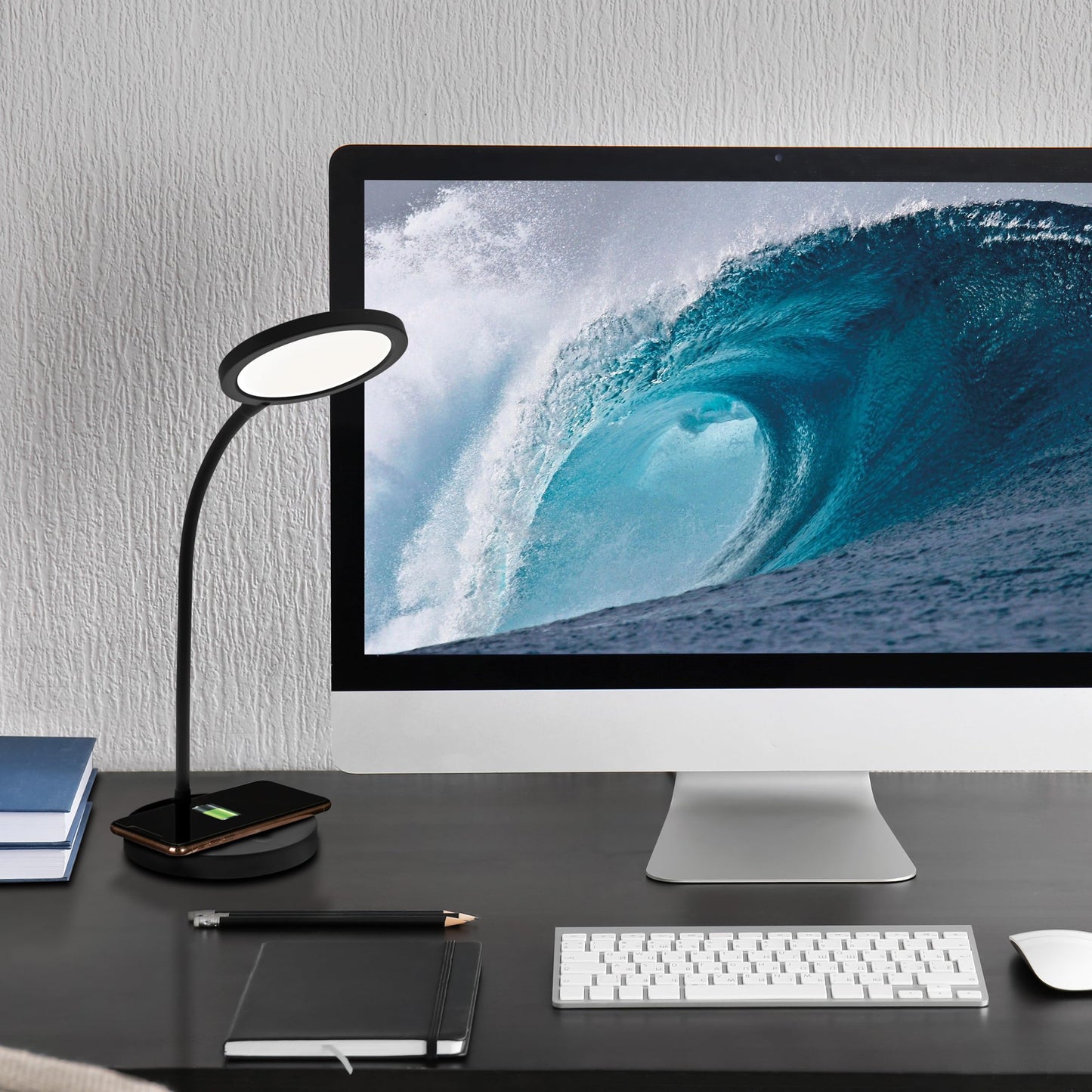 OttLite Good Housekeeping Circular LED Desk Lamp with Wireless Charging - Designed to Reduce Eyestrain - Adjustable Neck, 3 Color Modes - Crafting, Office Work, Reading & Studying