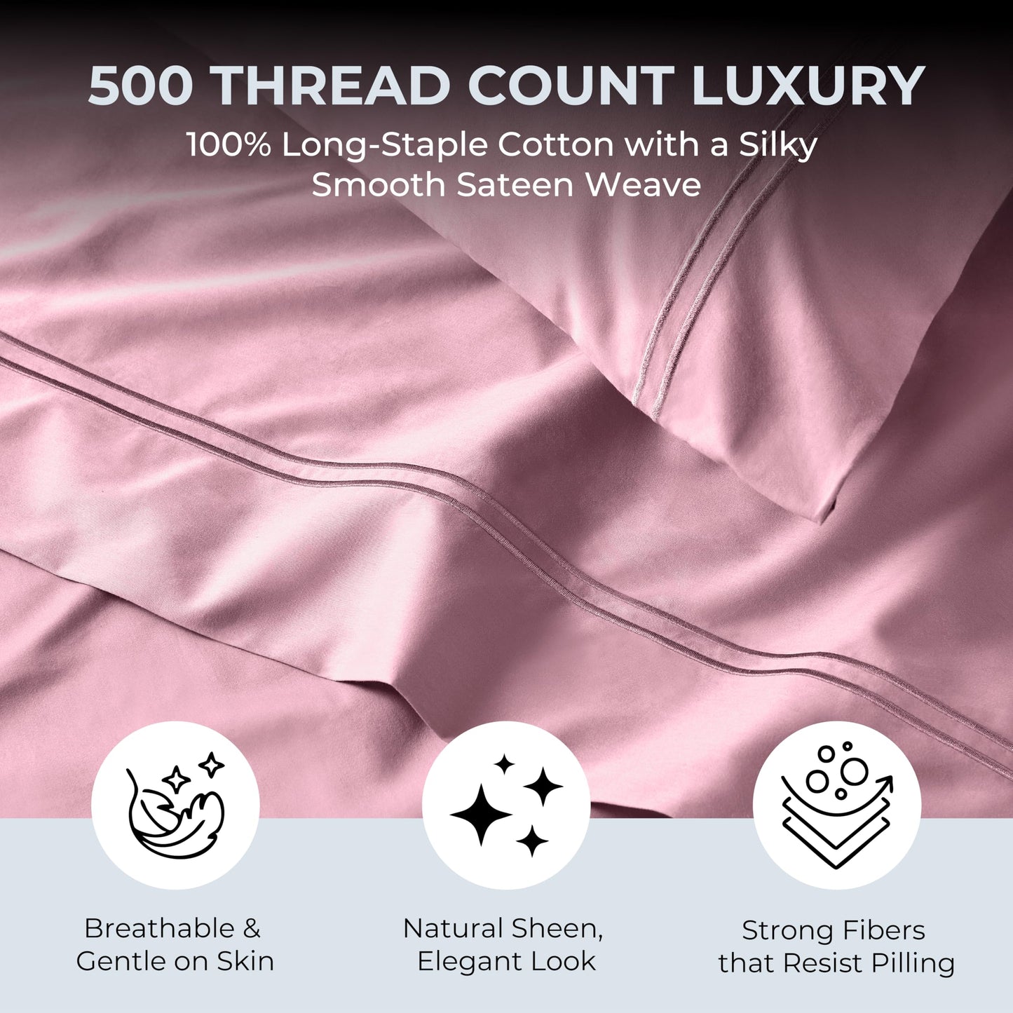 Mayil Manor 100% Natural Cotton Sheets Queen Size Bed Set | 500 TC Single-Ply Sateen Weave | Soft, Breathable, Hypoallergenic Solid 4-Piece Bedding with Deep Pocket Fitted, Flat, Pillowcase | Blush