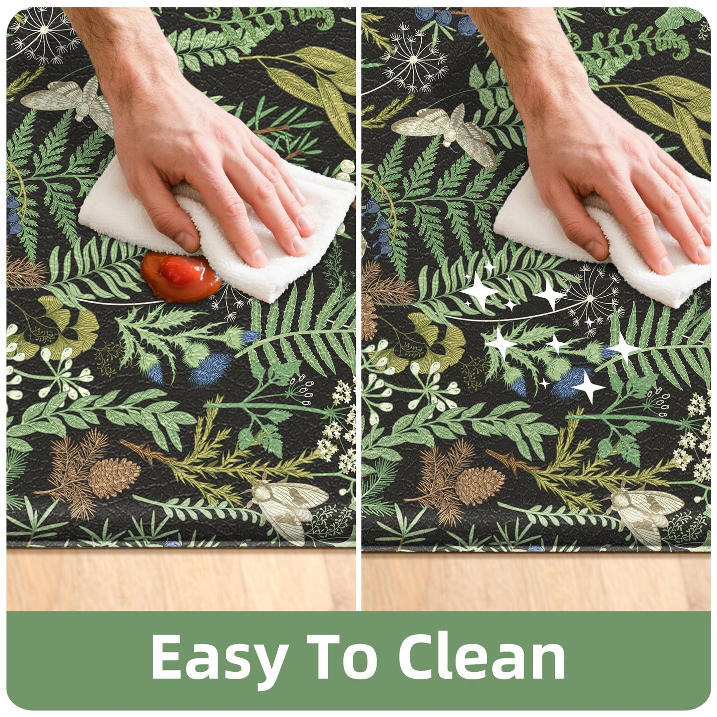 Black Green Botanical Kitchen Rugs Set of 2 Plant Leaf Anti-Fatigue Kitchen Mat Natural Comfort Standing Waterproof PVC Mats 2/5" Thick Leather Carpet for Laundry Office Sink(17.3" x28" + 17.3" x 59")