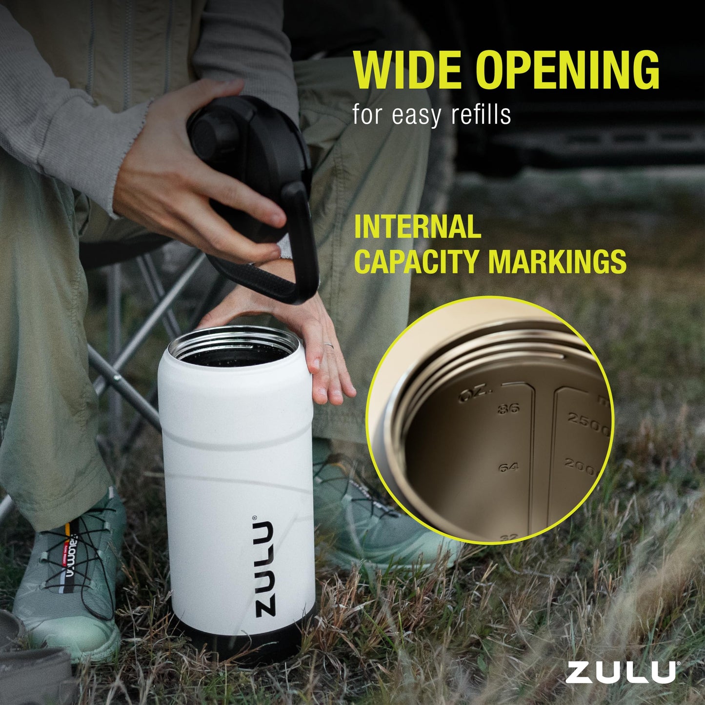 ZULU Goals 101oz Vacuum Triple Wall Insulated | Large Stainless Steel Water Bottle Thermoses with Carry Handle | Chug and Straw Spout | Travel, Gym, Hiking, Camping | 120 Hours Cold | Black