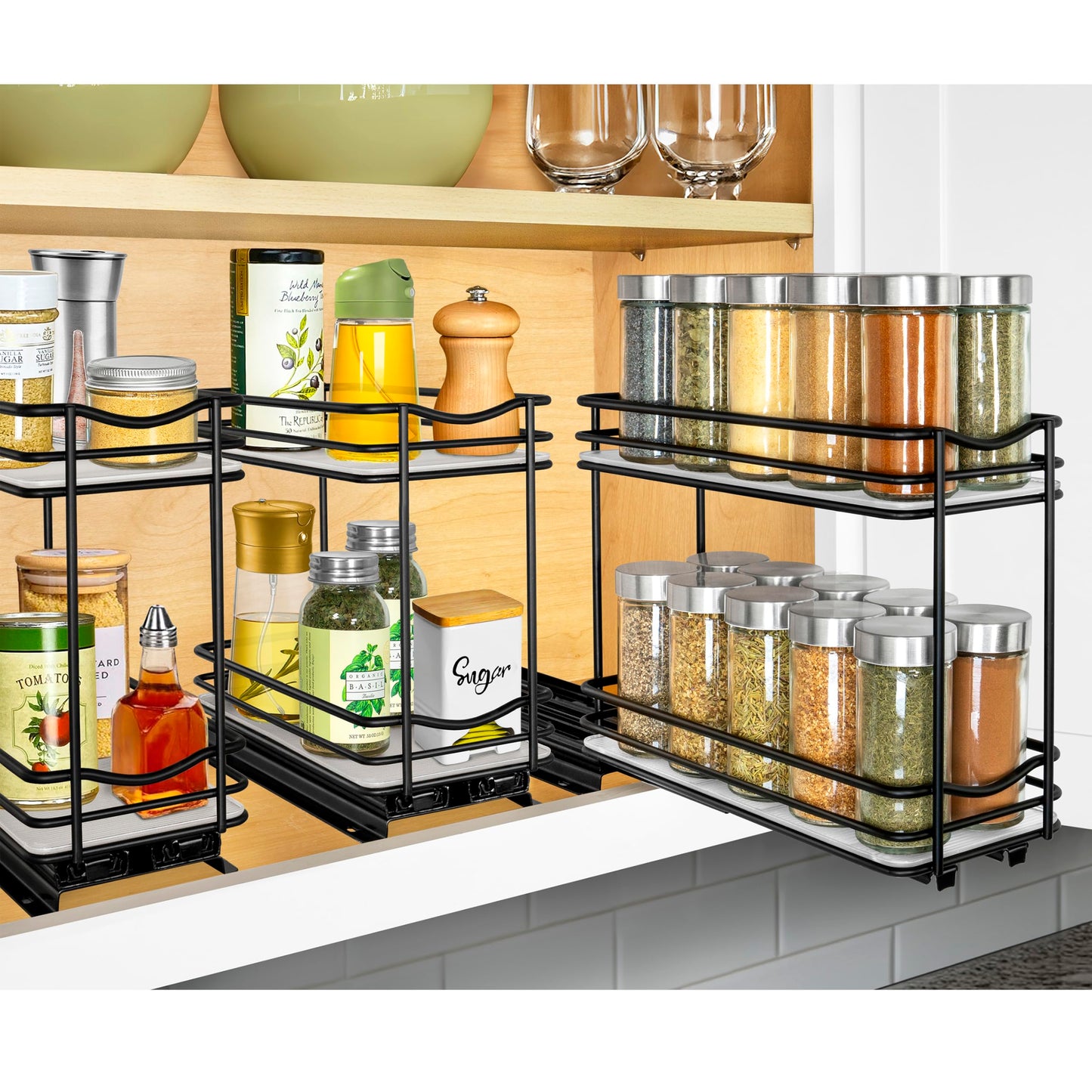 LYNK PROFESSIONAL® Pull Out Spice Organization for Cabinets - 4-3/8 inch Wide – Spice Rack for Inside Cabinets, Slide Out Spice Rack Organizer for cabinet – Pull Out Spice Rack, Sliding 2 Tier Black