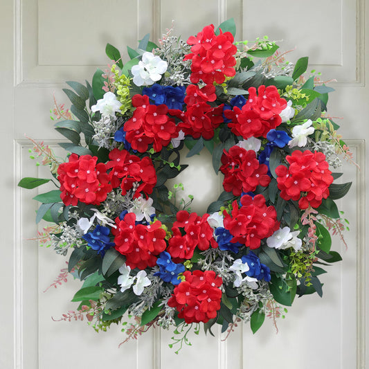 24 Inch 4th of July Wreath for Front Door, Red White and Blue Patriotic Hydrangea Wreath with Eucalyptus, Artificial Memorial Day Independence Day Decor for Farmhouse Home Indoor Outdoor