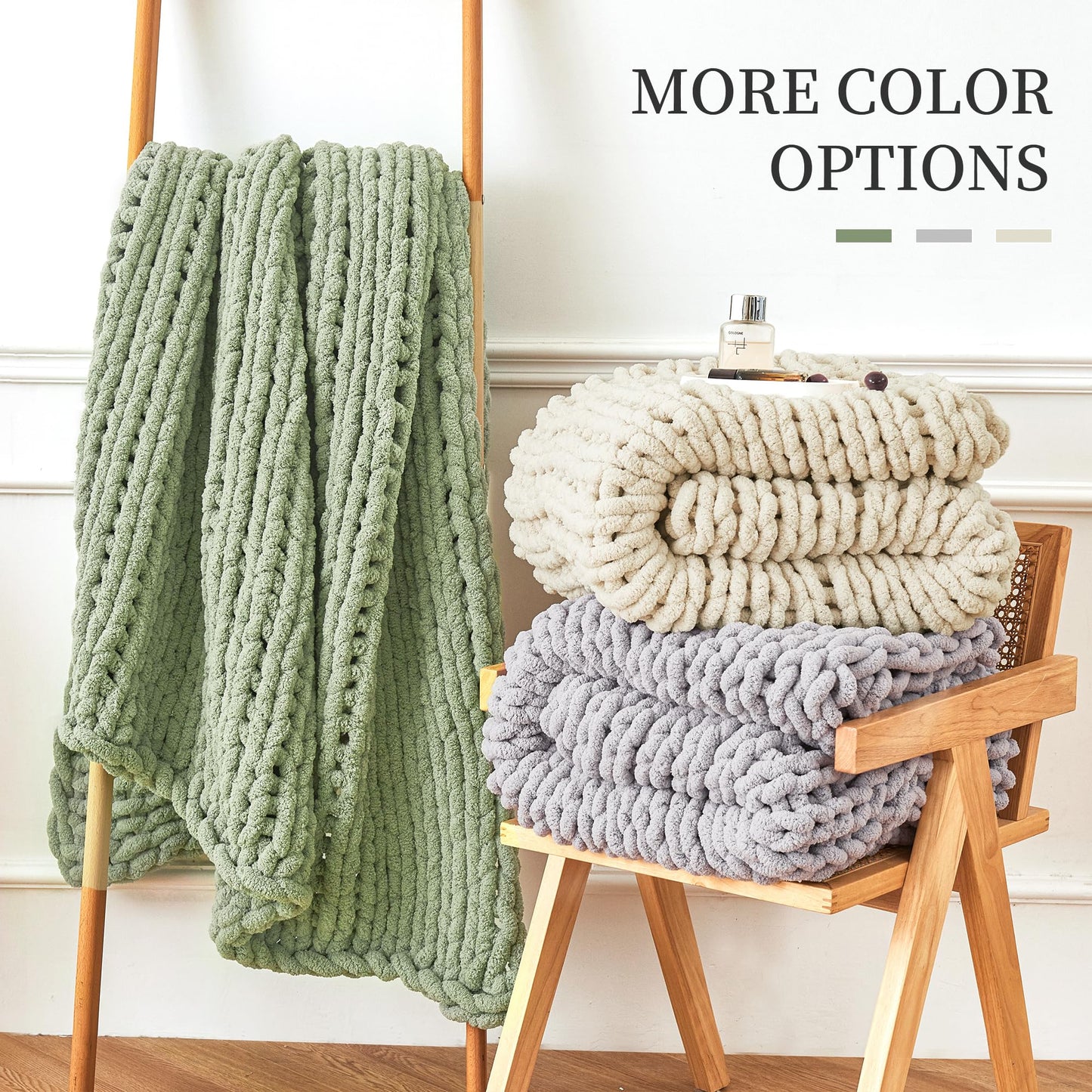 Admitrack Chunky Knit Blanket Throw 51"x63", 100% Hand Knit Chenille Throw Blanket for Sofa & Home Decor, Soft and Cozy Knitted Throw Blankets (Ivory，51"x63")