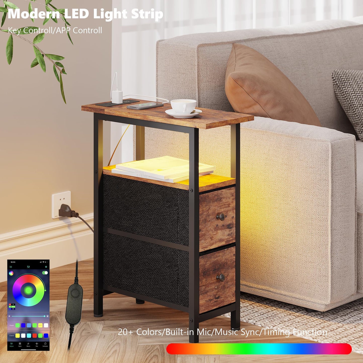 TRIFEBLE End Table with Charging Station, Narrow Side Table with 2 Fabric Drawers, Skinny Nightstand with LED Light, Slim Bedside Table for Bedroom, Living Room, Small Spaces, Rustic Brown
