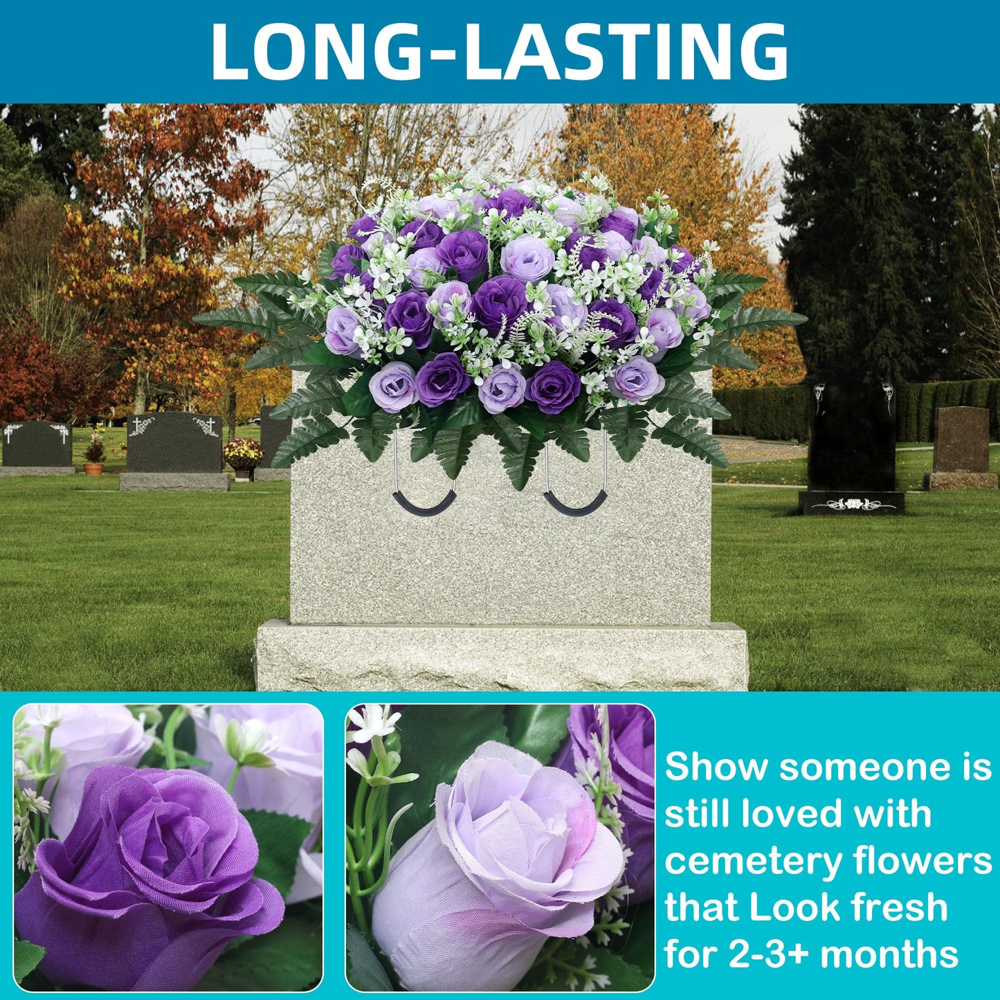LOSFOTBO Headstone Flower Saddle,Large Artificial Cemetery Flowers for Grave,Cemetery Memorial Flowers for Outdoor Tombstone Decorations (Purple)