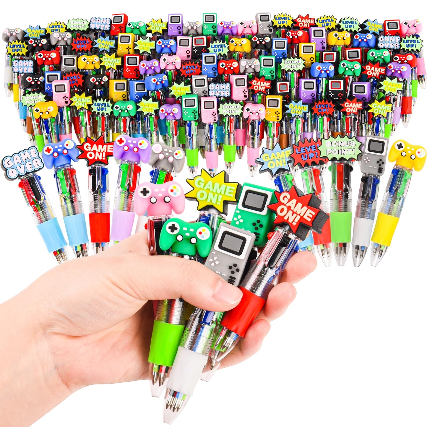 LiYiQ 100 Pcs Video Game Party Favors Multicolor Pen in One Cartoon Cute Fun 4-in-1 Cute Pens Bulk Kawaii Game Handle Level Up Games Console Shape Cool Ballpoint Pens for Kids Fun Gifts