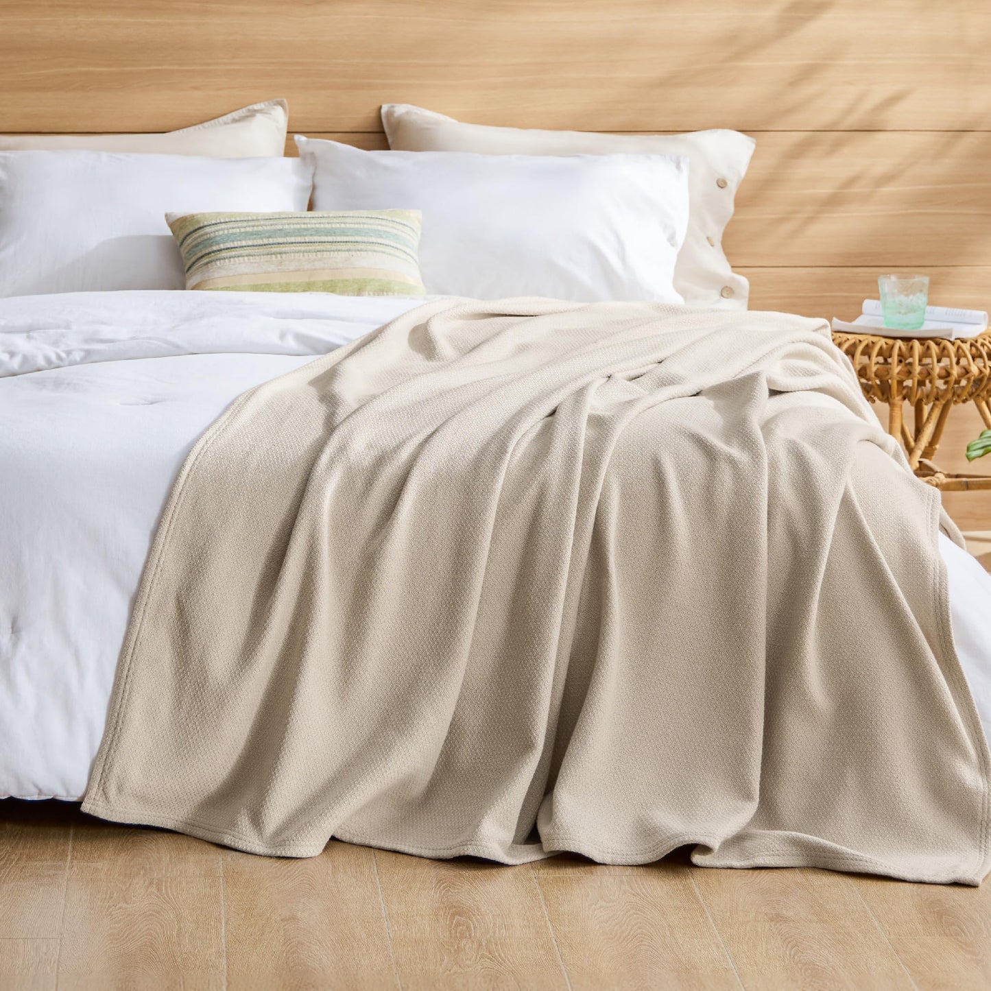 Bedsure GentleSoft 100% Cotton Large Throw Blanket for Couch 50x70 inches - Cooling Breathable and Lightweight, Soft Cozy Herringbone Woven Cotton Throw for Summer, Linen Beige Office Chair Blanket