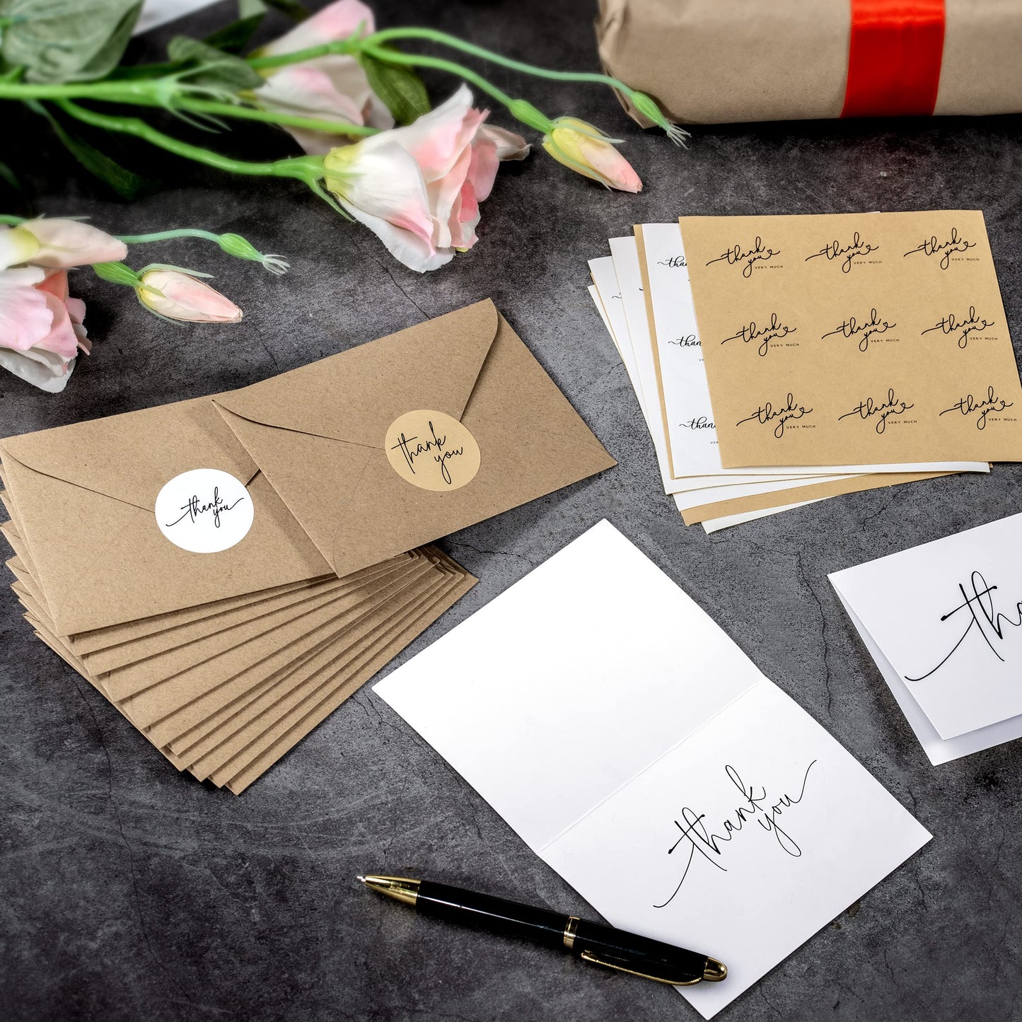 Layneria 100 Bulk Thank You Cards with Kraft Envelopes and stickers - 4 Minimalistic Designs Blank Thank You Notes with Envelopes for business Wedding Bridal Gift Baby Shower Business Graduation