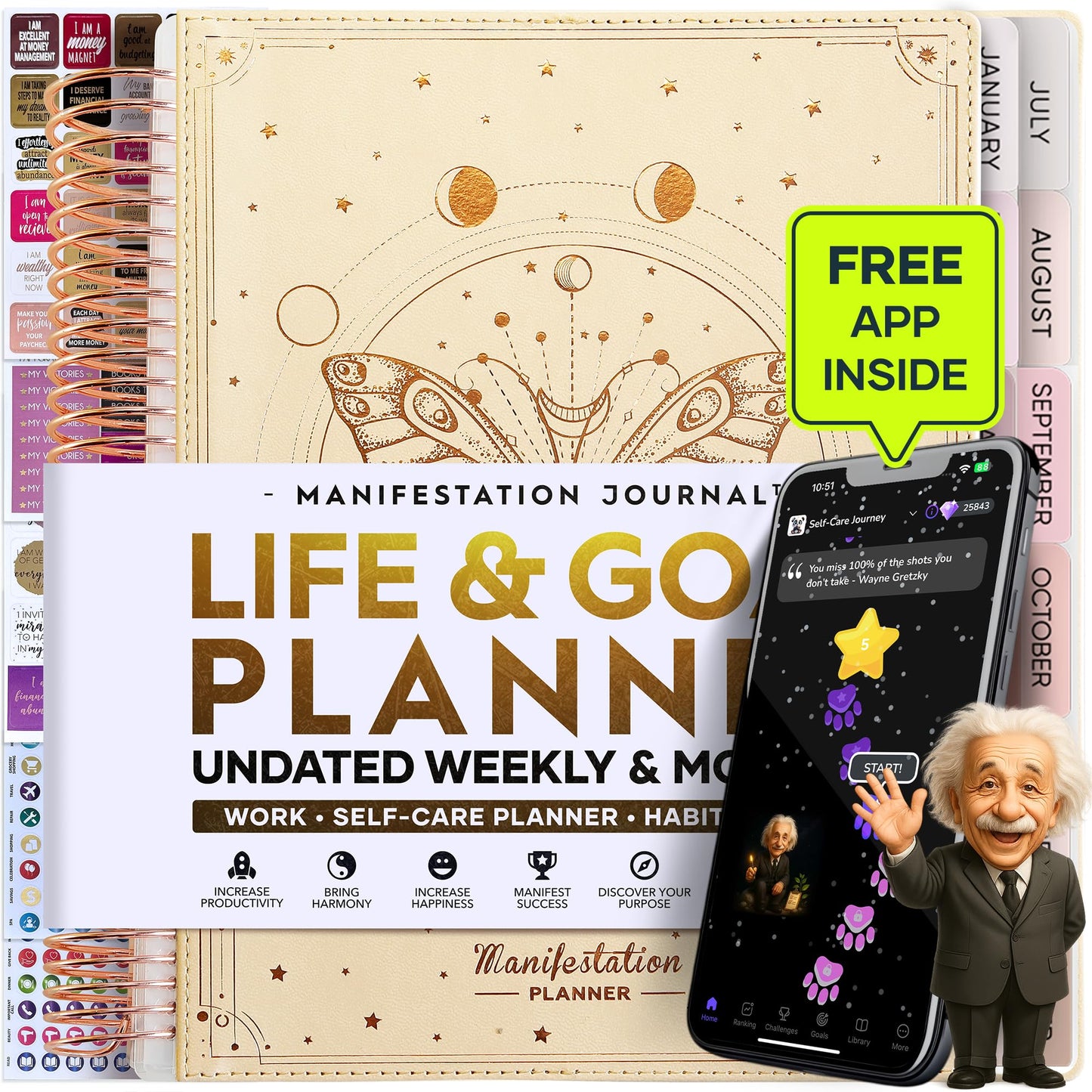 Manifestation Journal – Hourly, Weekly & Monthly Planner | 12-Month to Increase Productivity, Life Organizer & Goal Planner | Spiral Journal, Habit Tracker, Foldable Vision Board, Gift Box & Stickers