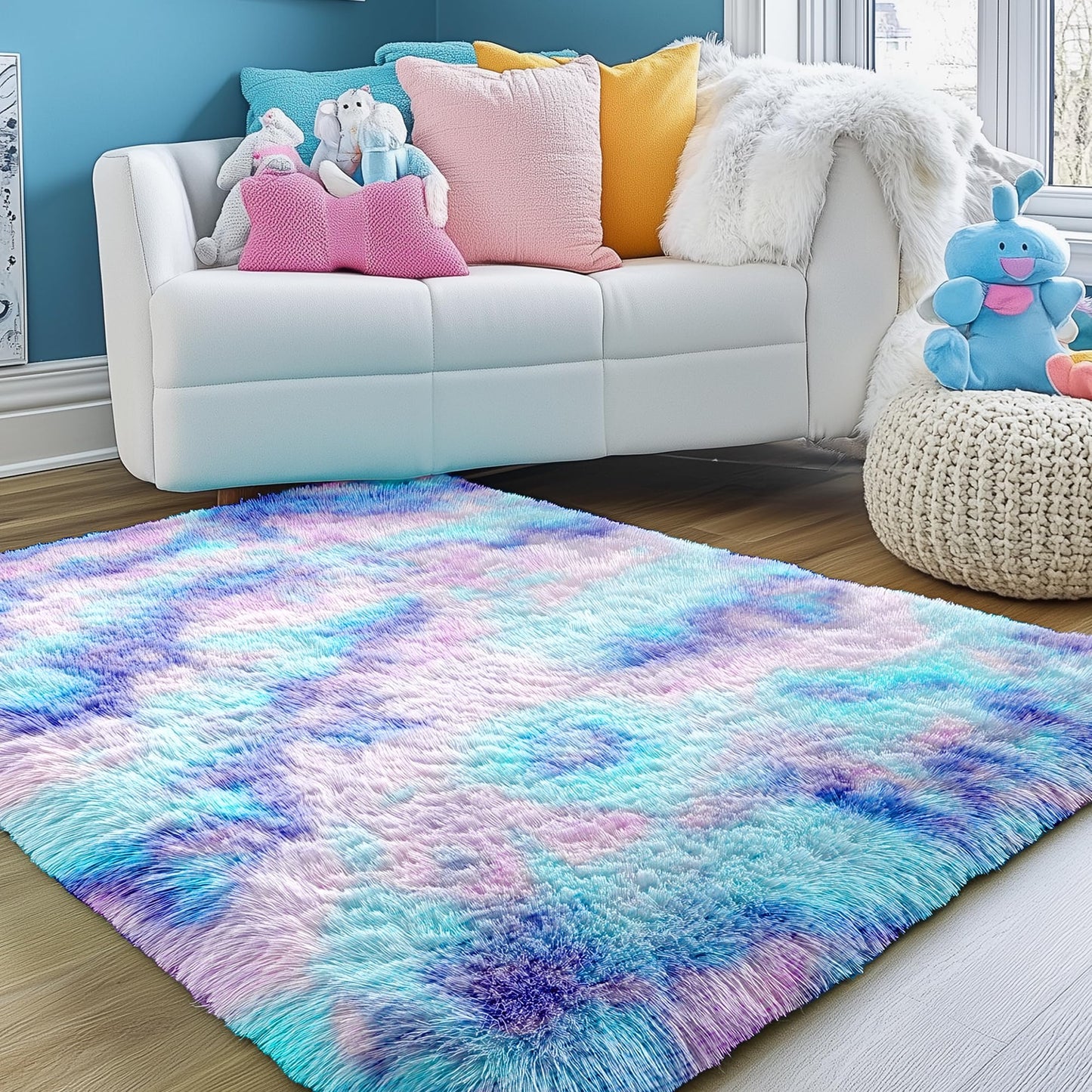 PAGISOFE Soft Purple Rainbow Rugs for Living Room,Fluffy 5x7 Area Rug, Plush Adorable Kawaii Rug for Bedroom Kids Room Baby Nursery,Girls Room Decor Mermaid Rugs Fuzzy Fur Pastel Carpet,Cozy Cloud Rug