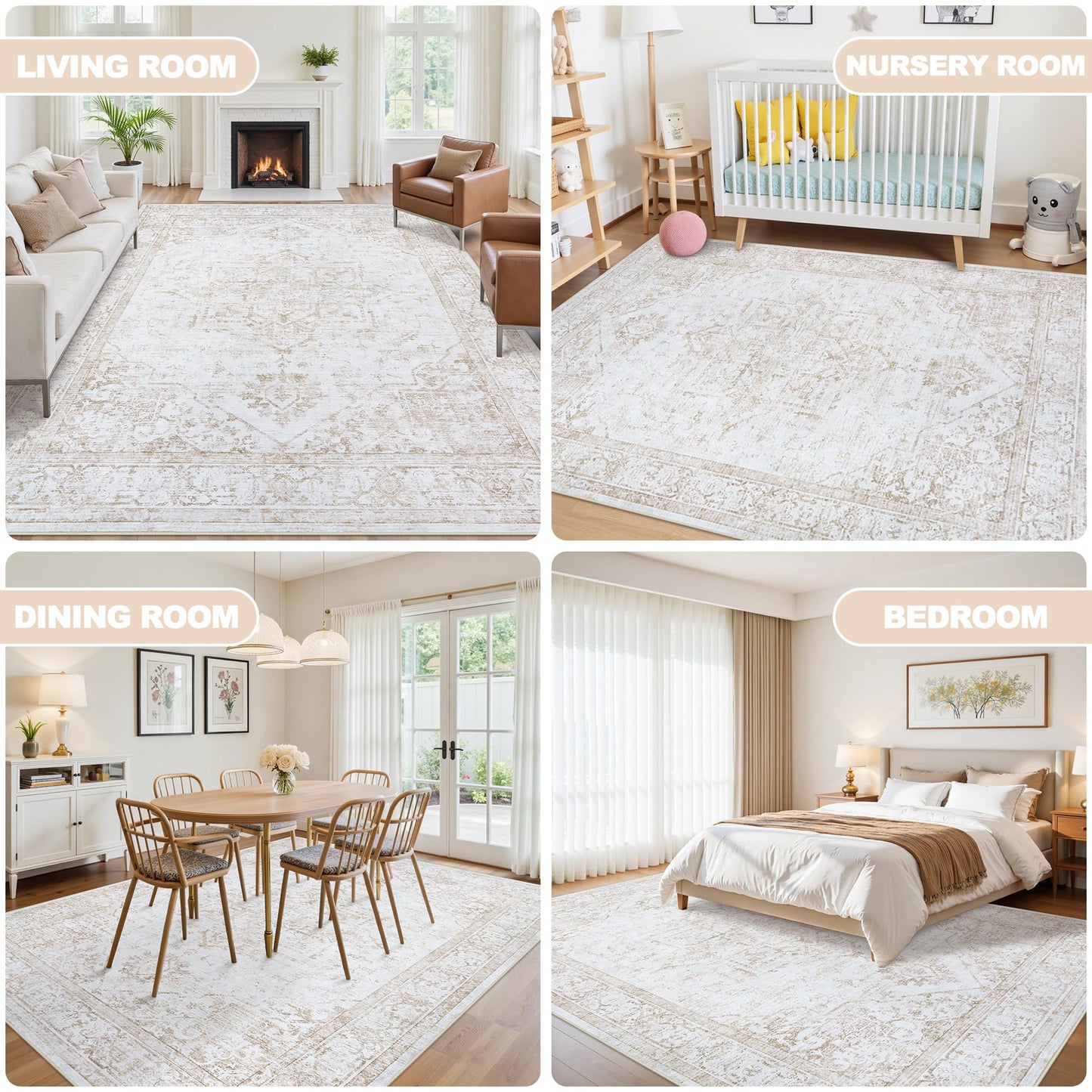Area Rug 6x9 Living Room Rug Washable:No-Slip Vintage Medallion Rug Soft Low Pile Large Beige Rugs Indoor Retro Carpet for Living Room Kitchen Nursery Dining Table Office (Beige, 6'x9')