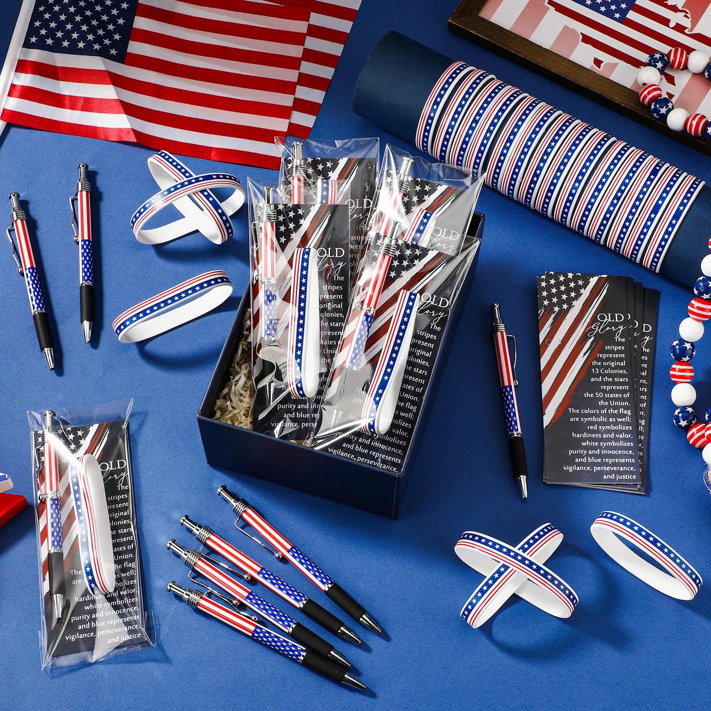 Sayglossy 60 Sets/180 Pcs 4th of July Party Favors 250th Anniversary Flag Ballpoint Pens Silicone Wristband Bookmarks Patriotic Souvenir for 1776-2026 Commemorative Memorial Veteran Independence