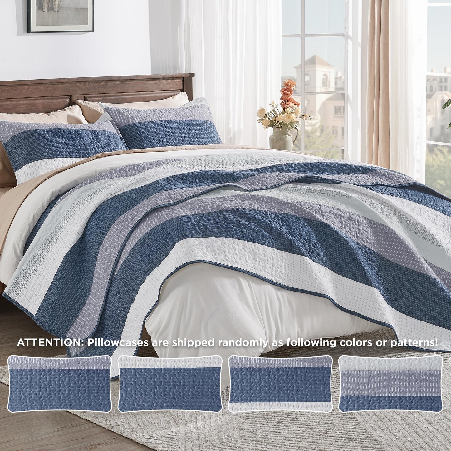 Andency Queen Quilt Bedding Set Mineral Blue, 3 Pieces Patchwork Summer Striped Ultra Soft Lightweight Bedspreads, Coverlets Set with 2 Pillow Shams for All Seasons (90"x96")