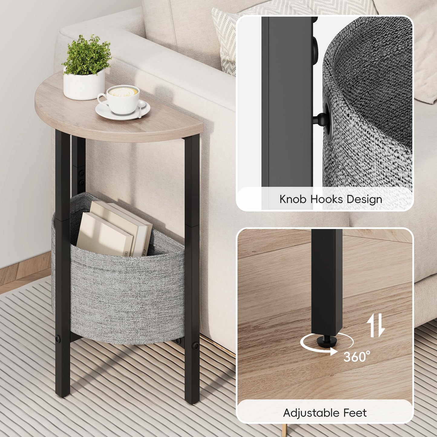 Vagusicc Small Round Side Table End Table, Tall Accent Table with Storage Basket, Set of 2 Half Round Tables Half Moon Tables, Coffee Bedside Tables, Modern Nightstand for Living Room Bedroom, Gray