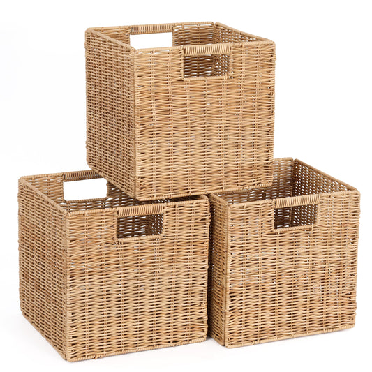 10.5 x 10.5 in Plastic Wicker Baskets for Cube Storage, Collapsible Square Wicker Storage Basket Set of 3, Rattan Storage Cube, Square Baskets for Shelves - Khaki