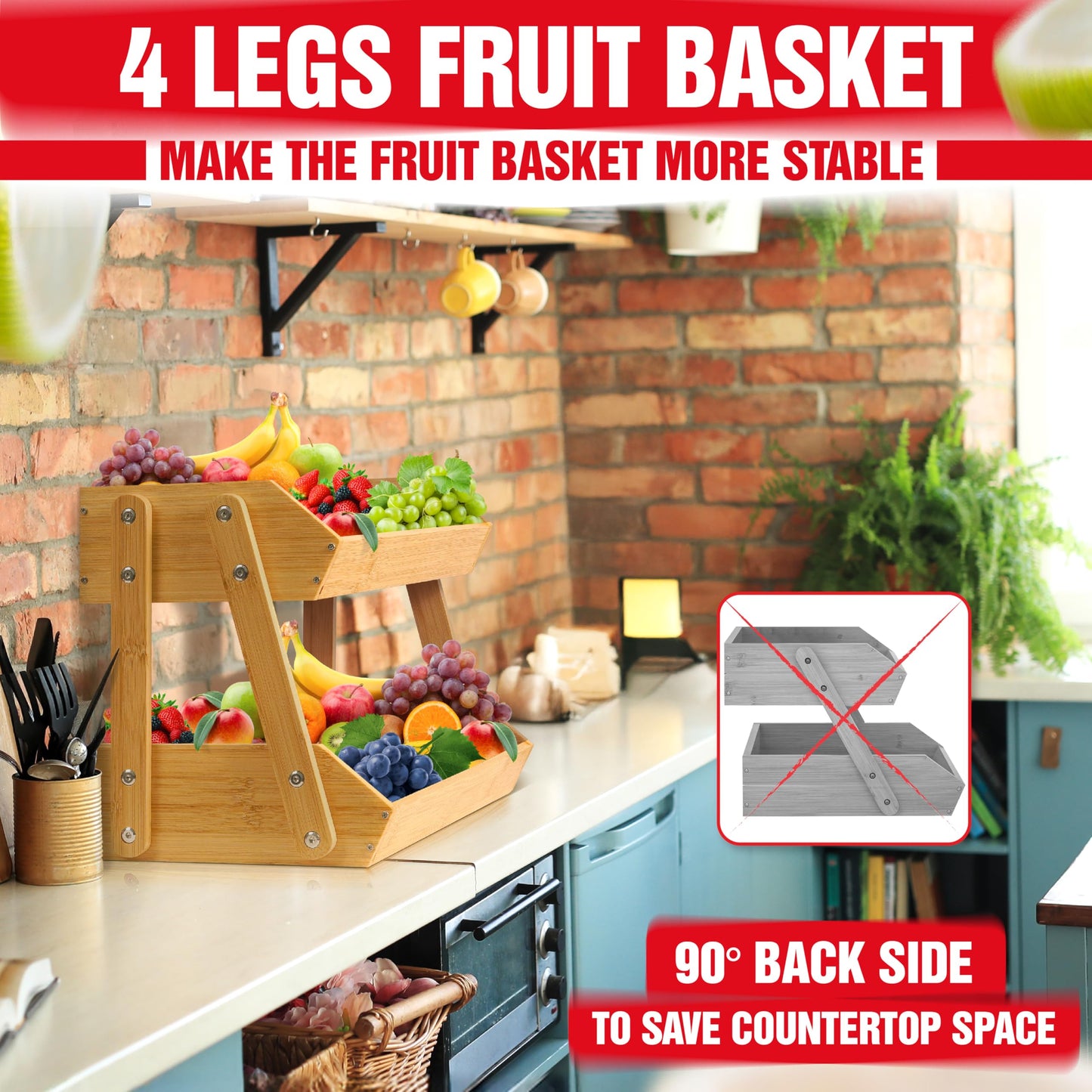 [Upgraded Length] 16.5-Inch Fruit Stand Storage Holder with 4 Sturdier Legs, 2-Tier Fruit Basket , Bamboo Fruit Bowl Holder for Fruit,Vegetables,Bread, Snacks, Home Kitchen Countertop Organizer