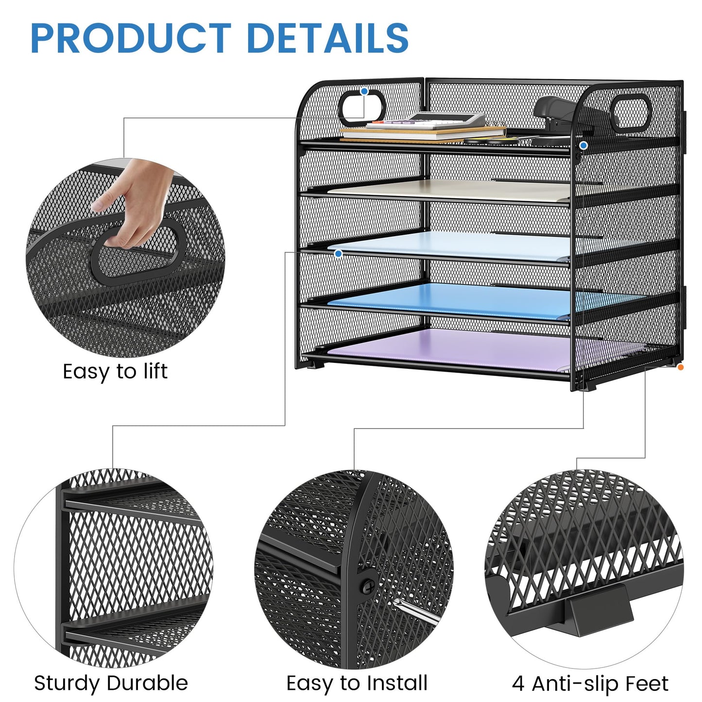 Kinkota Paper Organizer Letter Tray with Handle Mesh 5 Trays Desk File Organizer Paper Sorter Desk Organizer for Office, Home or School-Black 2 Pack