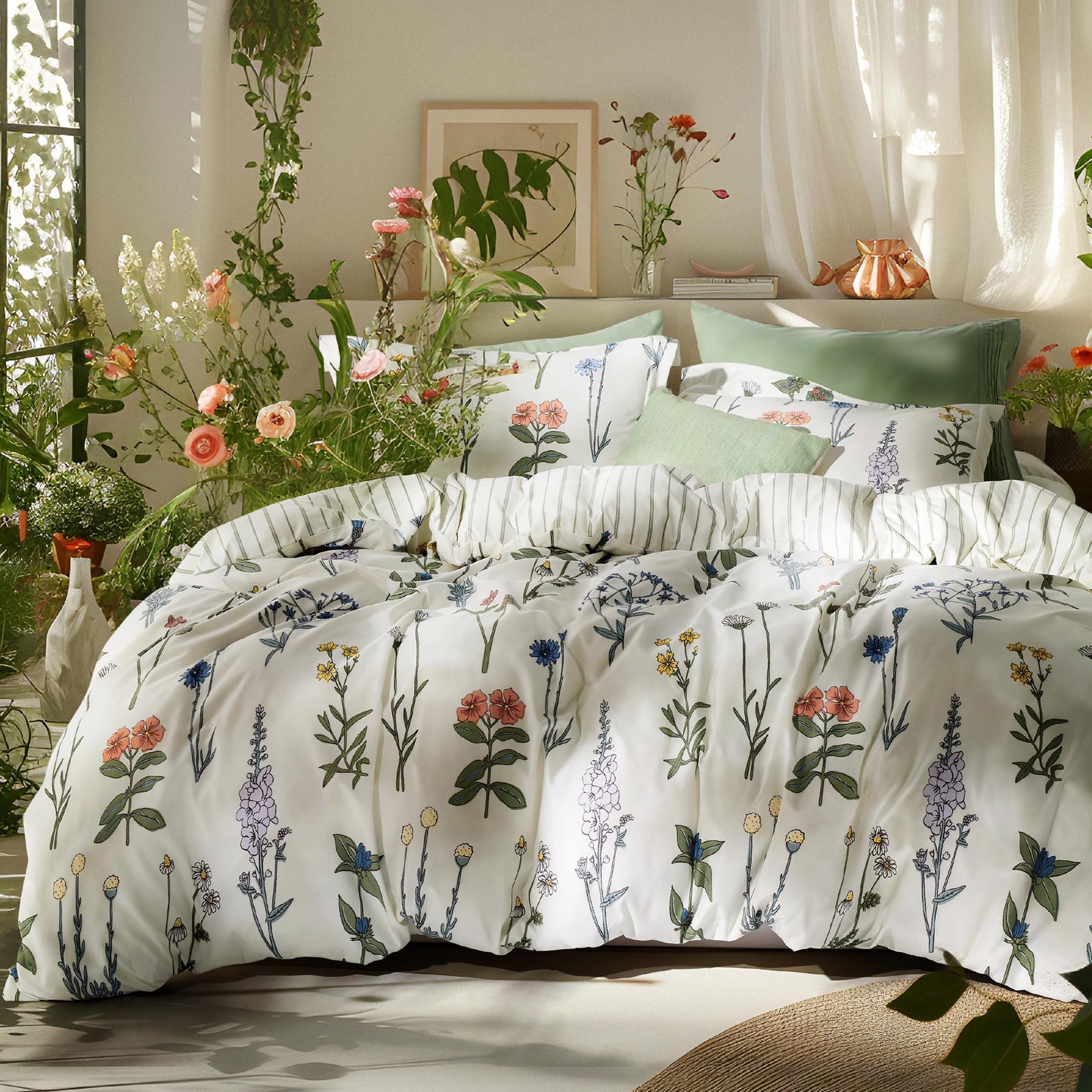 Bedsure Floral Queen Comforter Set – White Comforter, Reversible 3-Piece Bedding Set, Coconut White Botanical Print & Green Striped Pattern, Coquette Aesthetic for Women Girls