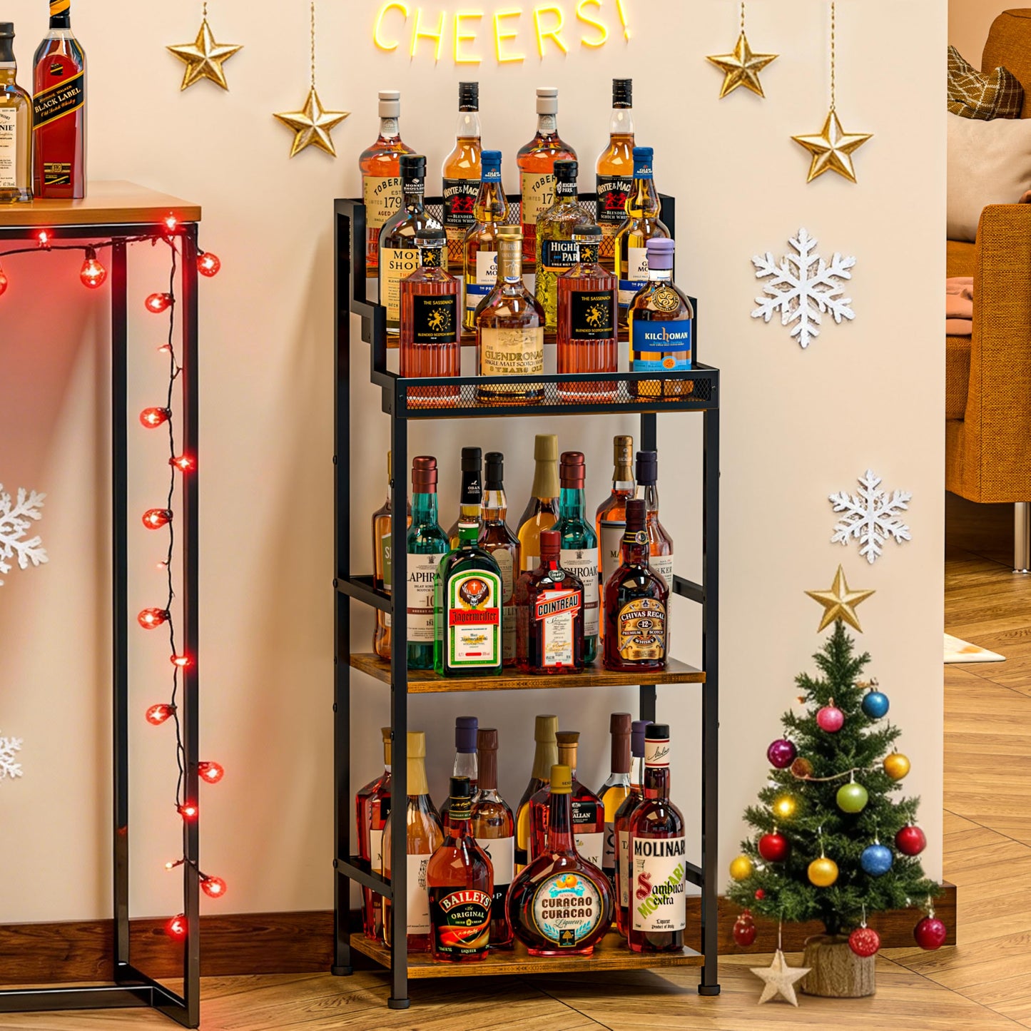 Jsskeeim Trapezoidal Liquor Cabinet Bar for Home, Stepped Wine Rack Freestanding Floor, Corner Syrup & Whiskey Stand, Large-Capacity Alcohol Bottle Storage Display Shelf Living Room, Patent Pending