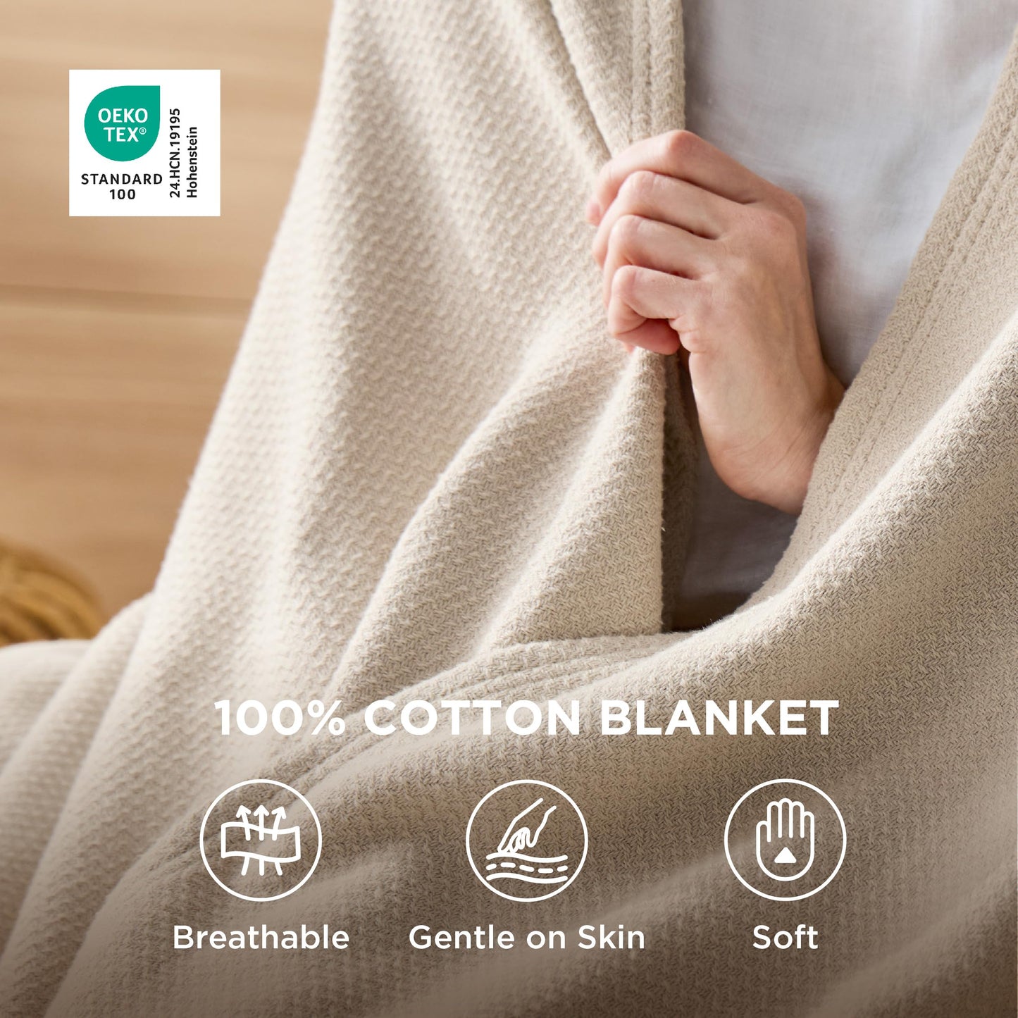 Bedsure GentleSoft 100% Cotton Blanket Twin XL Size for Bed - Cooling Breathable and Lightweight, Soft Cozy Textured Herringbone Woven Summer Blanket for College Dorm, Linen Beige, 66x90 inches