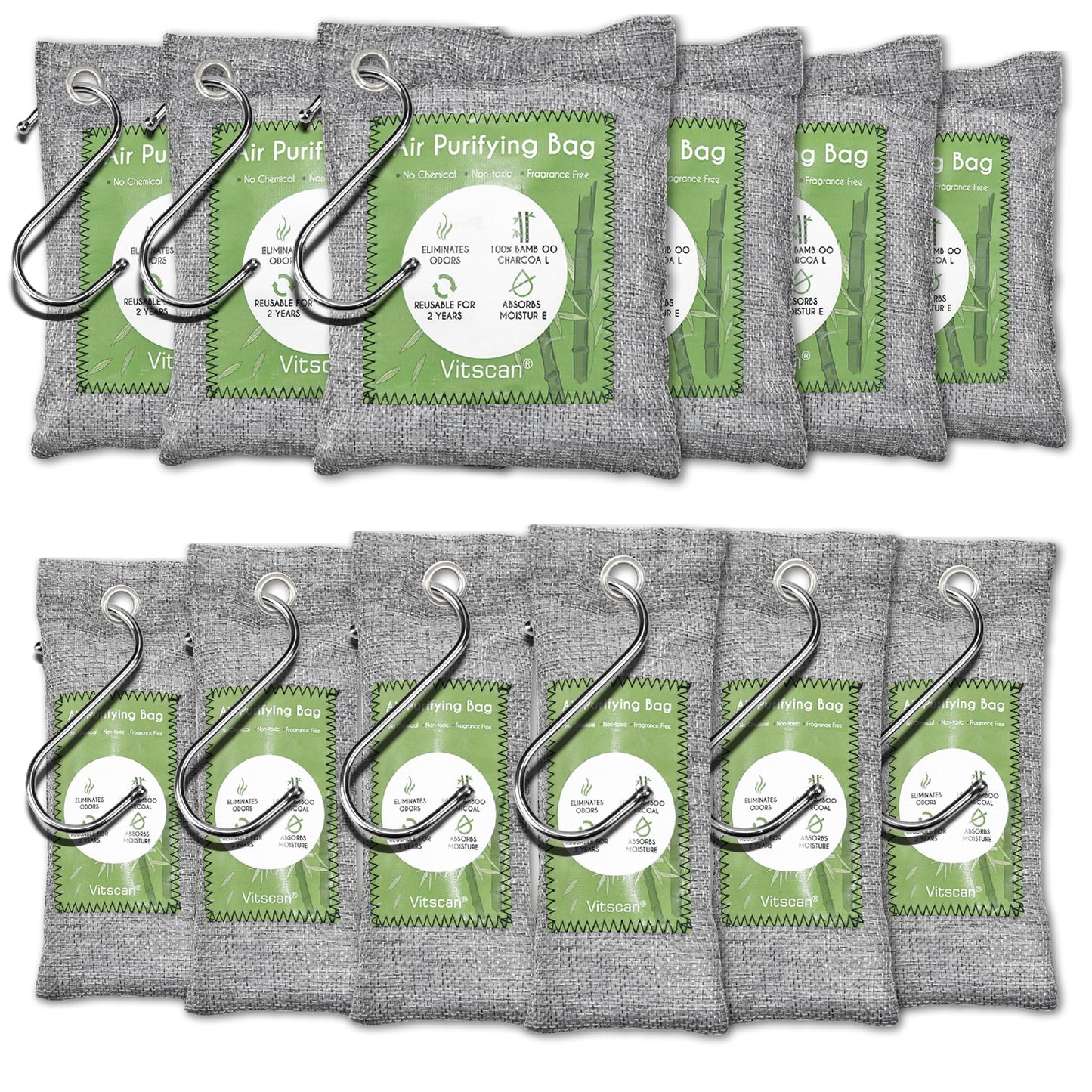 12 Pack Bamboo Air Purifying Bag, Activated Charcoal Bags Odor Absorber, Moisture Absorber, Natural Car Air Freshener, Shoe Deodorizer, Odor Eliminators For Home, Pet, Closet (6x50g, 6x150g)
