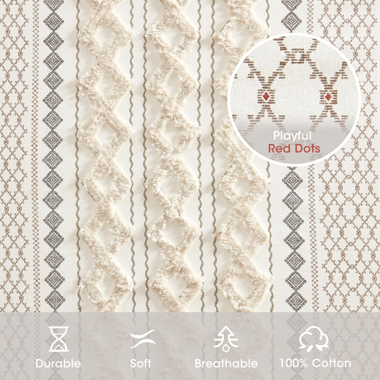INK+IVY Imani 100% Cotton SINGLE PANEL Curtain Tufted Chenille Stripe Geometric Print Mid-Century Look Rod Pocket Top Drape for Living Room, Privacy Window Treatment for Bedroom, 50" x 84", Ivory