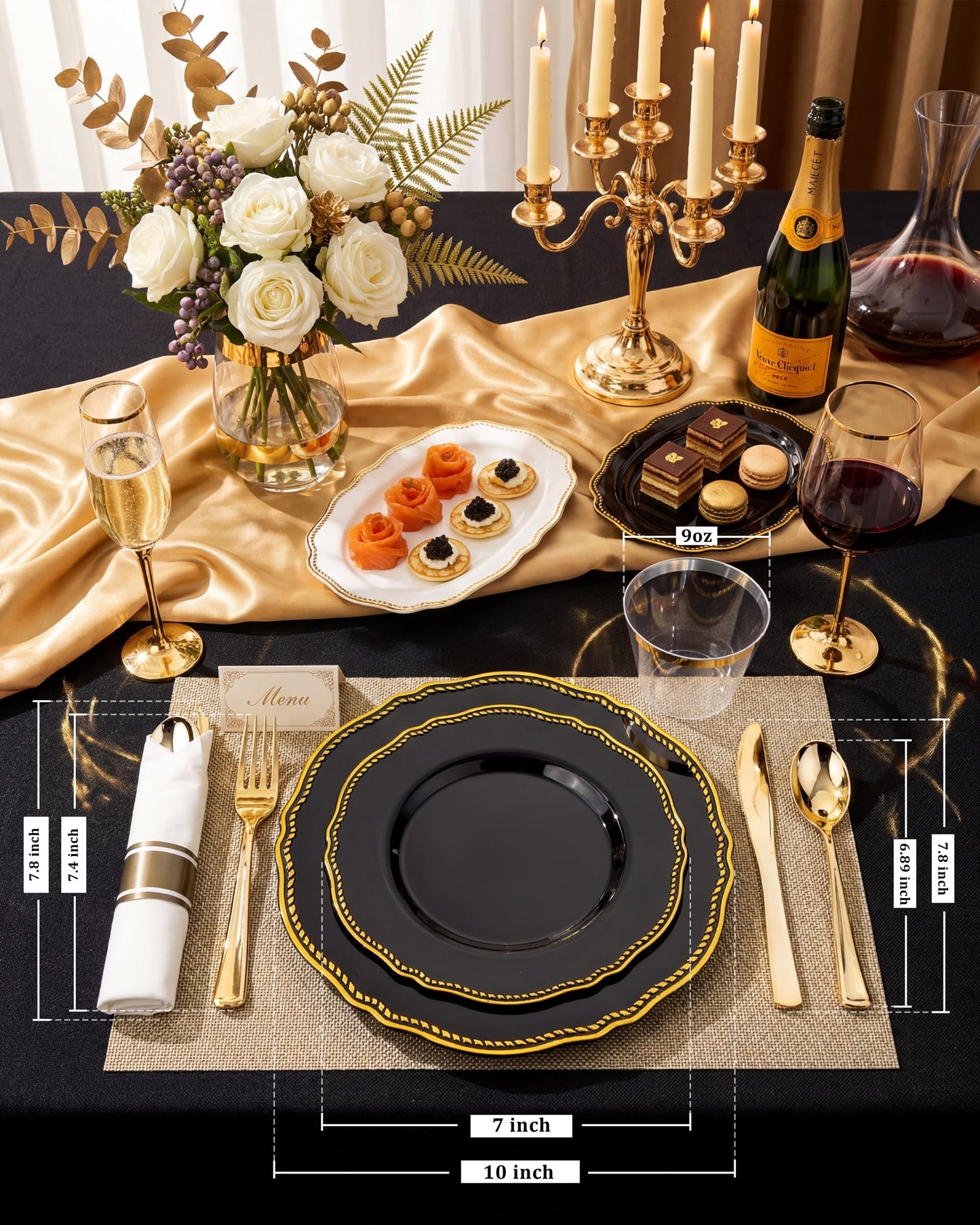 Hioasis 175pcs Black and gold Plastic Plates - Gold Plastic Dinnerware Set Includes 25 Dinner Plates, 25 Dessert Dinnerware, 25 Cups, 25 Napkins Perfect for Wedding & Party