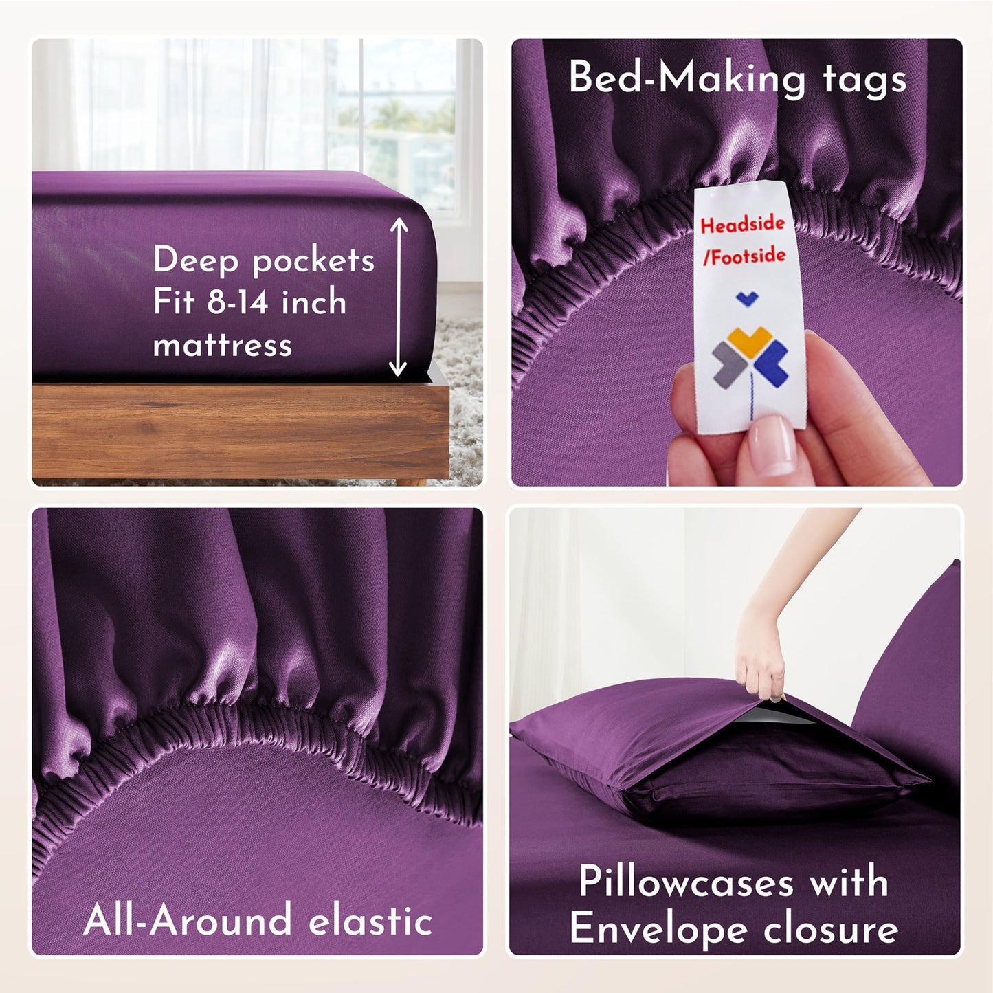 California Design Den Queen Bed Sheets Set - Natural 100% Cotton Sheets, Soft Sateen Weave, Fully Elasticized Deep Pockets, Breathable and Durable Bedding - Purple Passion