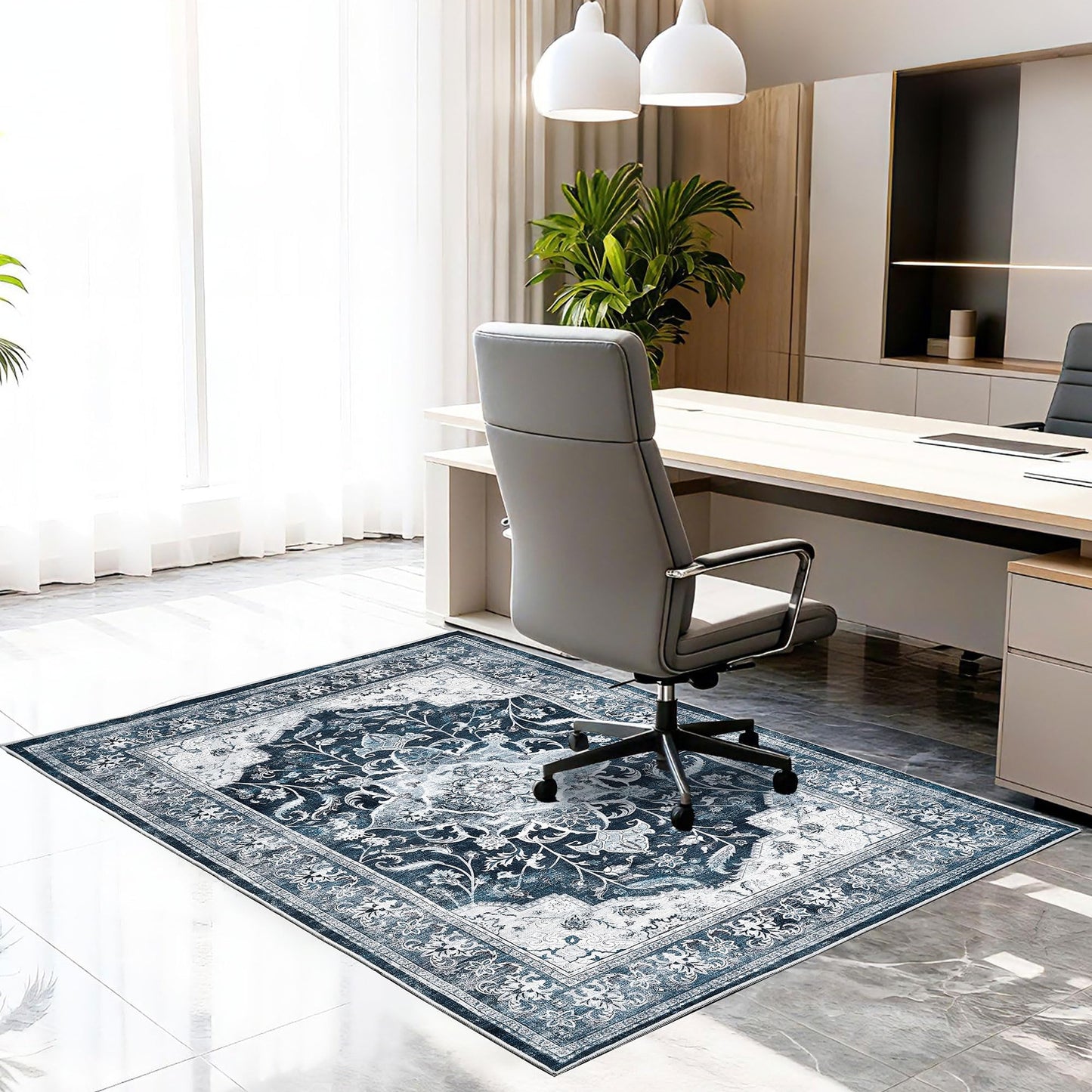 Office Chair Mat for Hardwood Tile Floor, 48"x60"Anti-Slip Under Desk Carpet Protector for Rolling Computer Chair Mat, Machine Washable Office Area Carpet (Chenille,Blue)