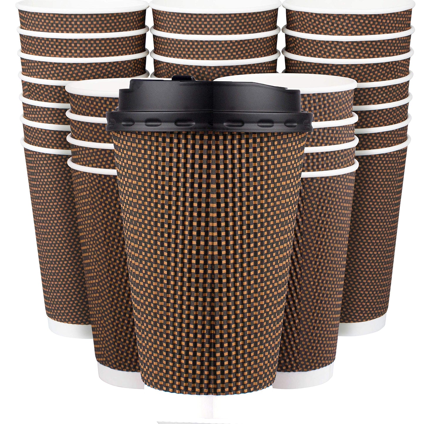 Promora Brown Disposable Coffee Cups With Lids 16 oz, Premium Insulated Paper Ripple Cups for Hot Coffee, Paper Coffee Cup with Lids (80 Pack)