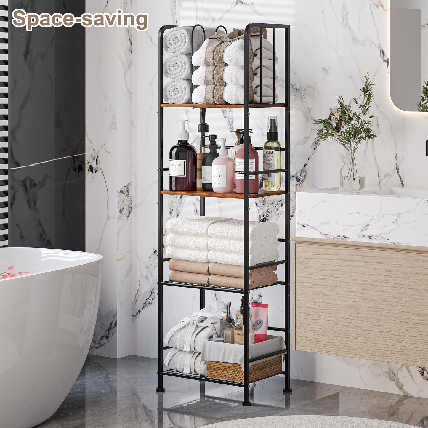 Towel Rack Free Standing 4-Tier M-Shaped Detachable Dividers, Durable Metal Towel Holder, Pool Items Holder, Space-Saving Storage Organizer, Modern Bath Towel Shelf for Bathroom Patent Pending
