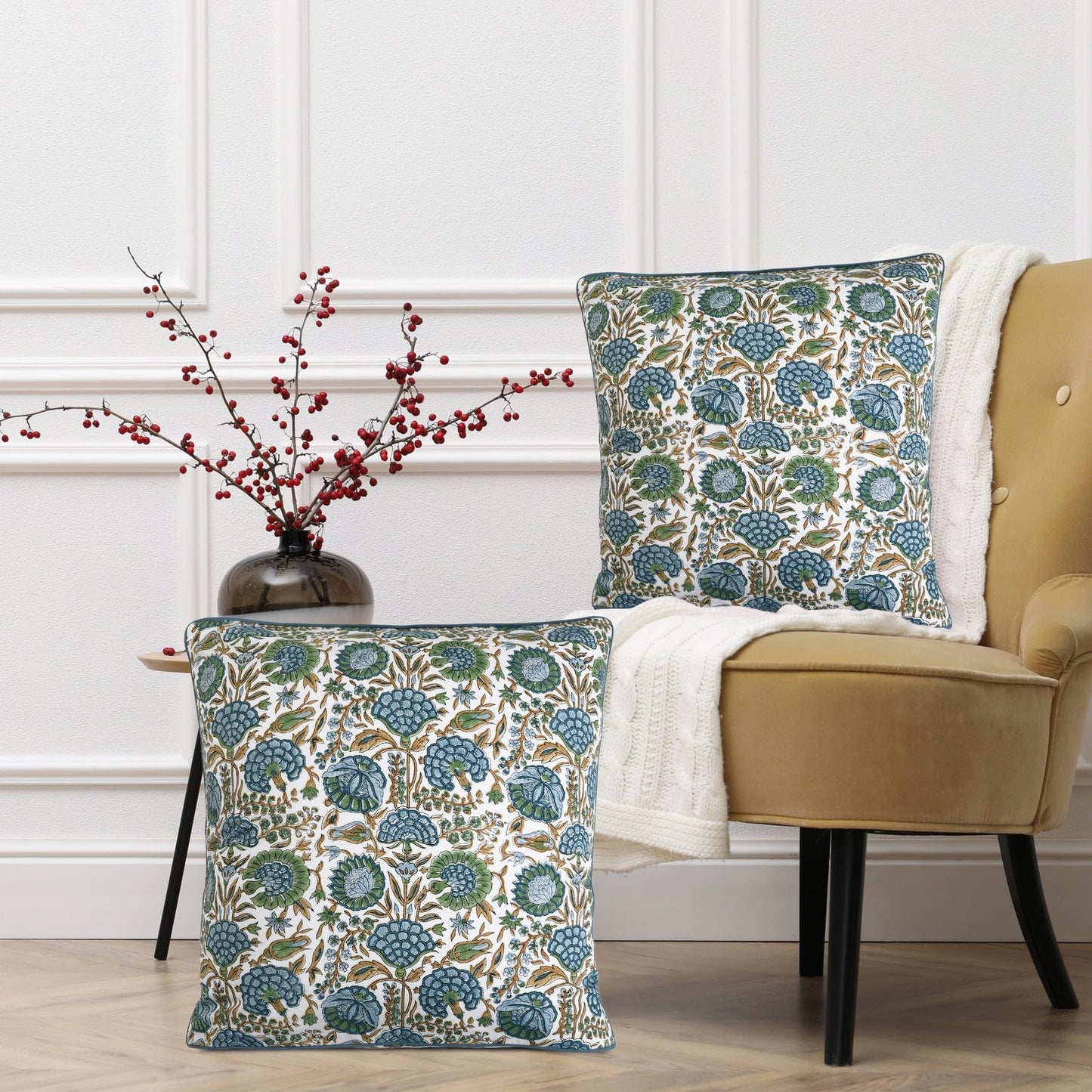 Ridhi Block Print Asparagus Green Pillow Cover 18" x 18" (Pack of 2) Decorative Couch Pillows for Living Room, Farmhouse Chic Boho Cute Outdoor Pillows Covers Gifts for Spring, Mother's Day