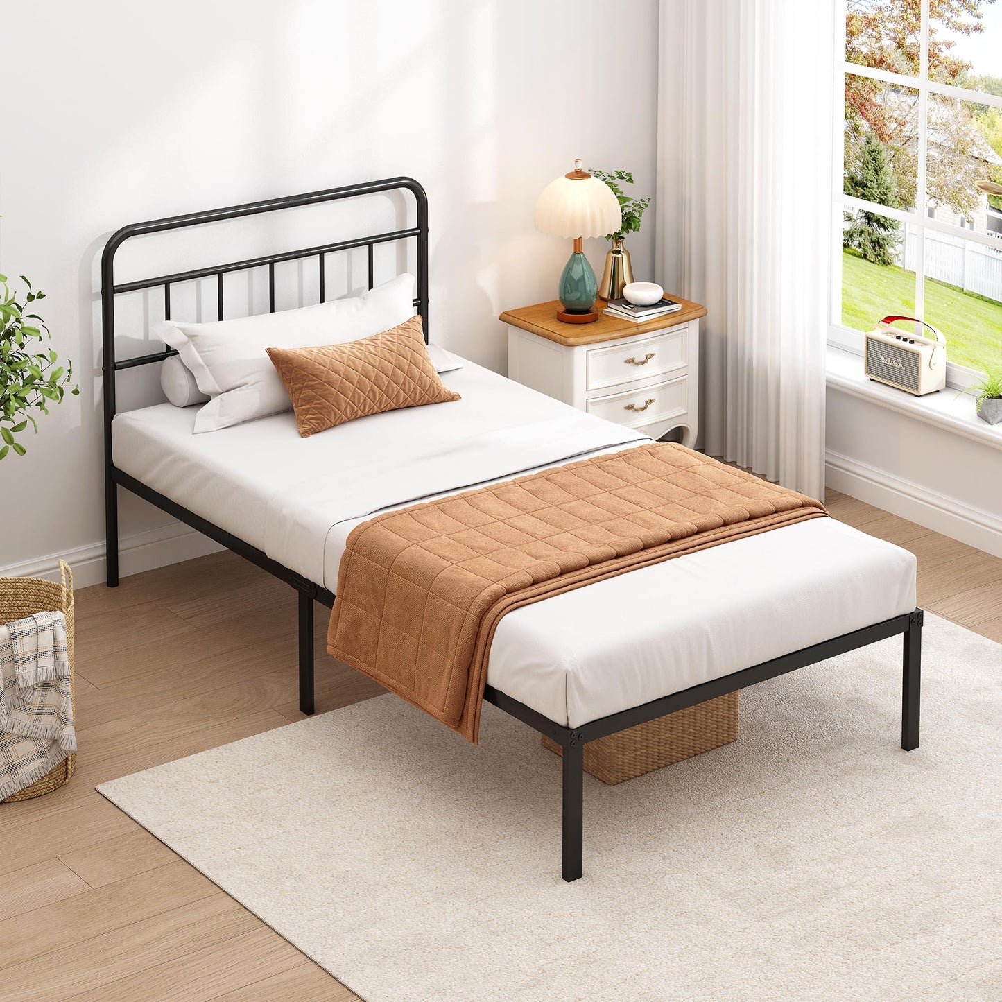 Ziguxiao Twin Bed Frame with Classic Headboard,Strong Metal Slats Support,Under Bed Storage Space,No Box Spring Needed,Easy to Assemble,Black