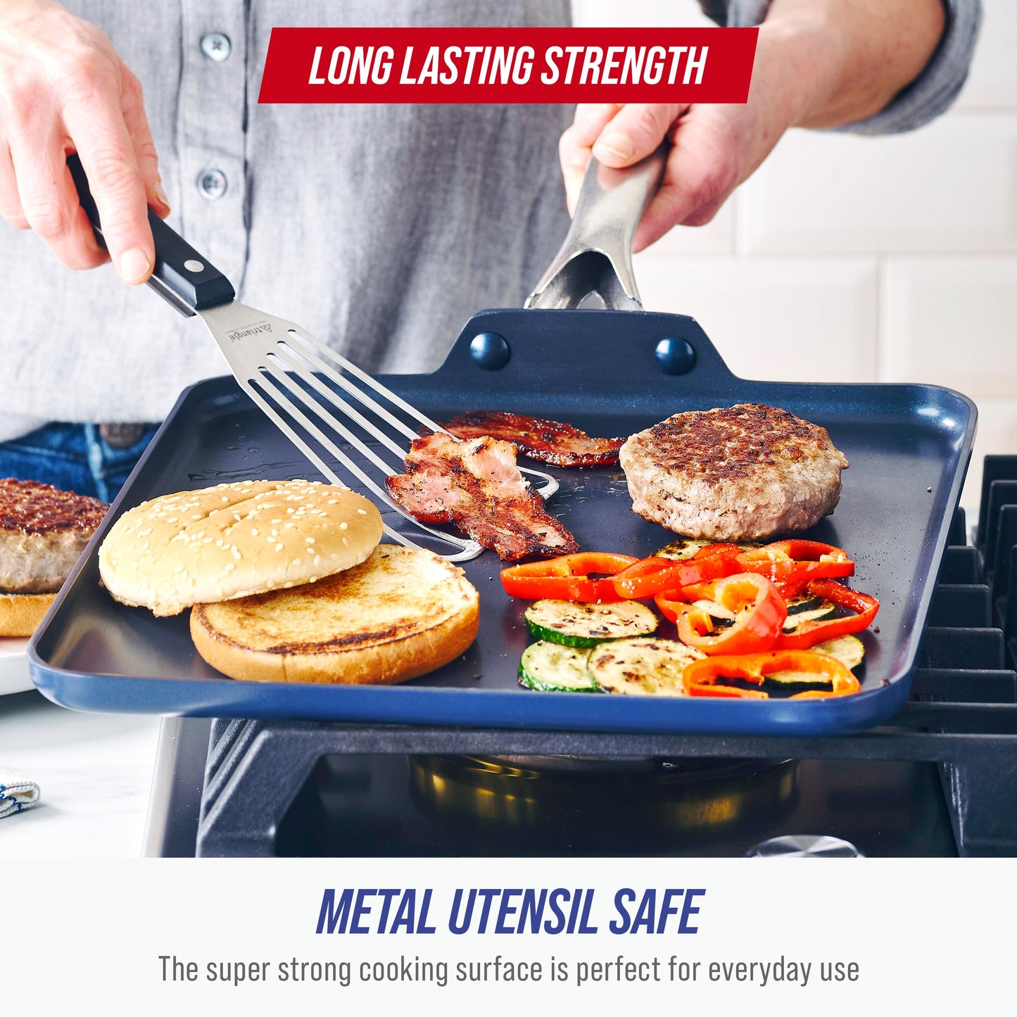 Blue Diamond 11" Nonstick Square Griddle Pan, Non Toxic PFAS-Free Diamond Ceramic, Dishwasher & Oven Safe, Even Heating, Metal Utensil Safe, Warp Control, Blue