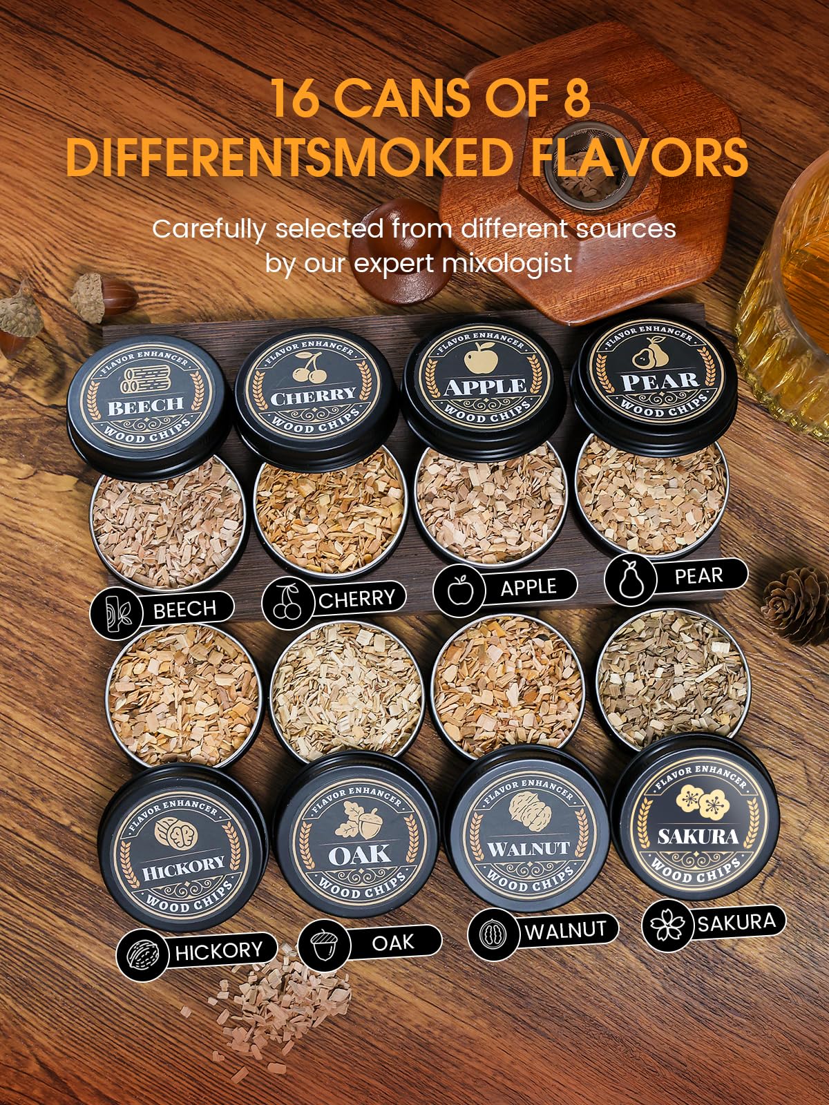 27Pcs Whiskey Smoker Kit- 16 Wood Chips,Ice Ball Molds, Cocktail Smoker Infuser Kit, Old Fashioned Drink Smoker Kit, Birthday Bourbon Whiskey Gifts for Husband,Men,Dad(No Butane)