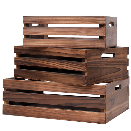SENRYEE Wood Crates For Storage,Decorative Vintage Brown Wooden Crates For Display,Handmade Solid Wood Boxes,Set Of 3 Rustic Black Wooden Crate. (vintage brown)