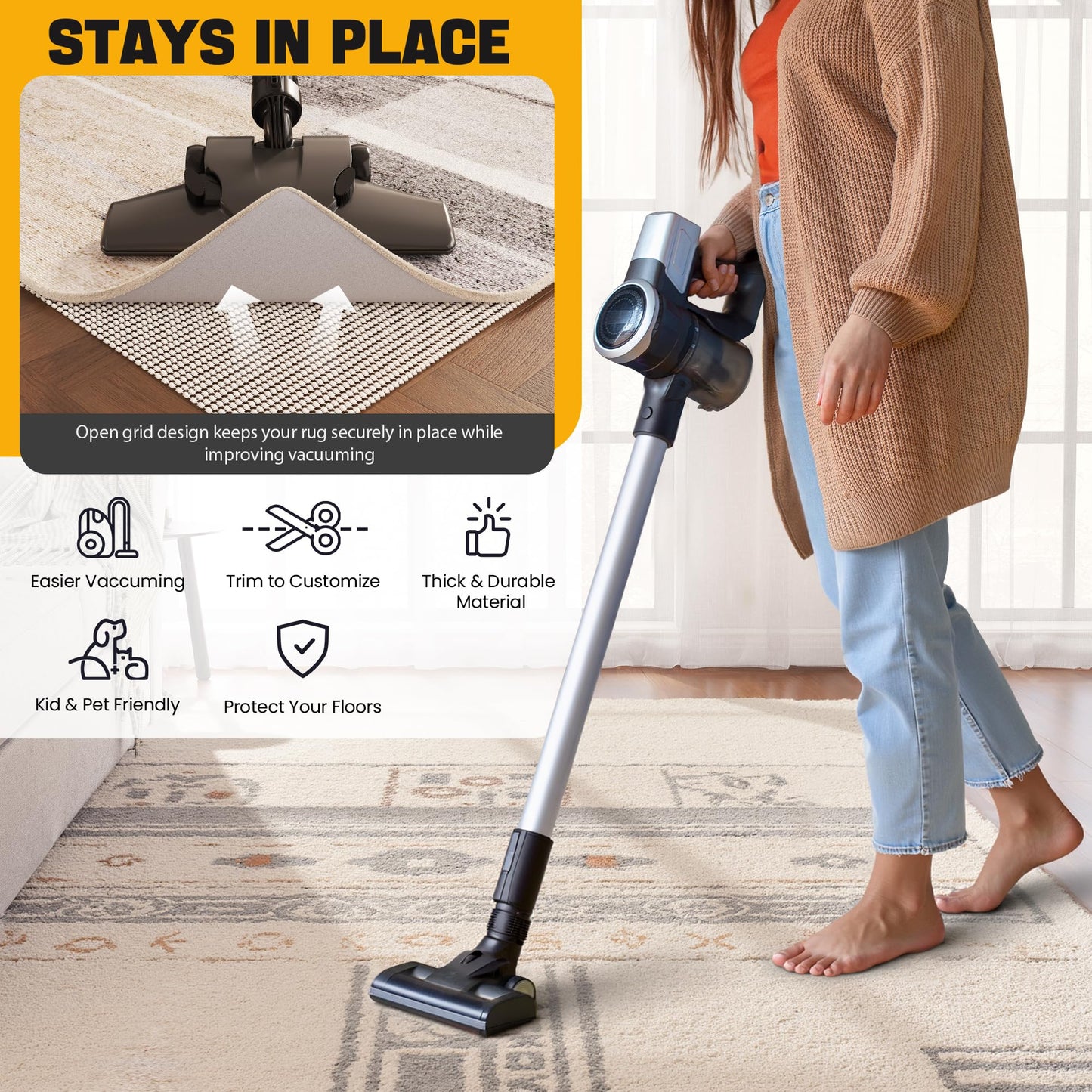 Jorvila Non-Slip Rug Pad Gripper 9x12 Feet, Anti Skid Mat for Under Area Rugs, Keeps Rugs in Position and Safe, Thick Cushioned Carpet Pad for Hardwood Floors Protection